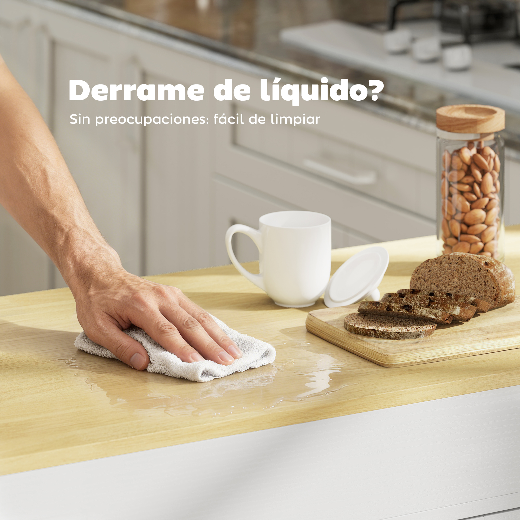 Una mano limpia una superficie de madera mojada con un paño, junto a pan.