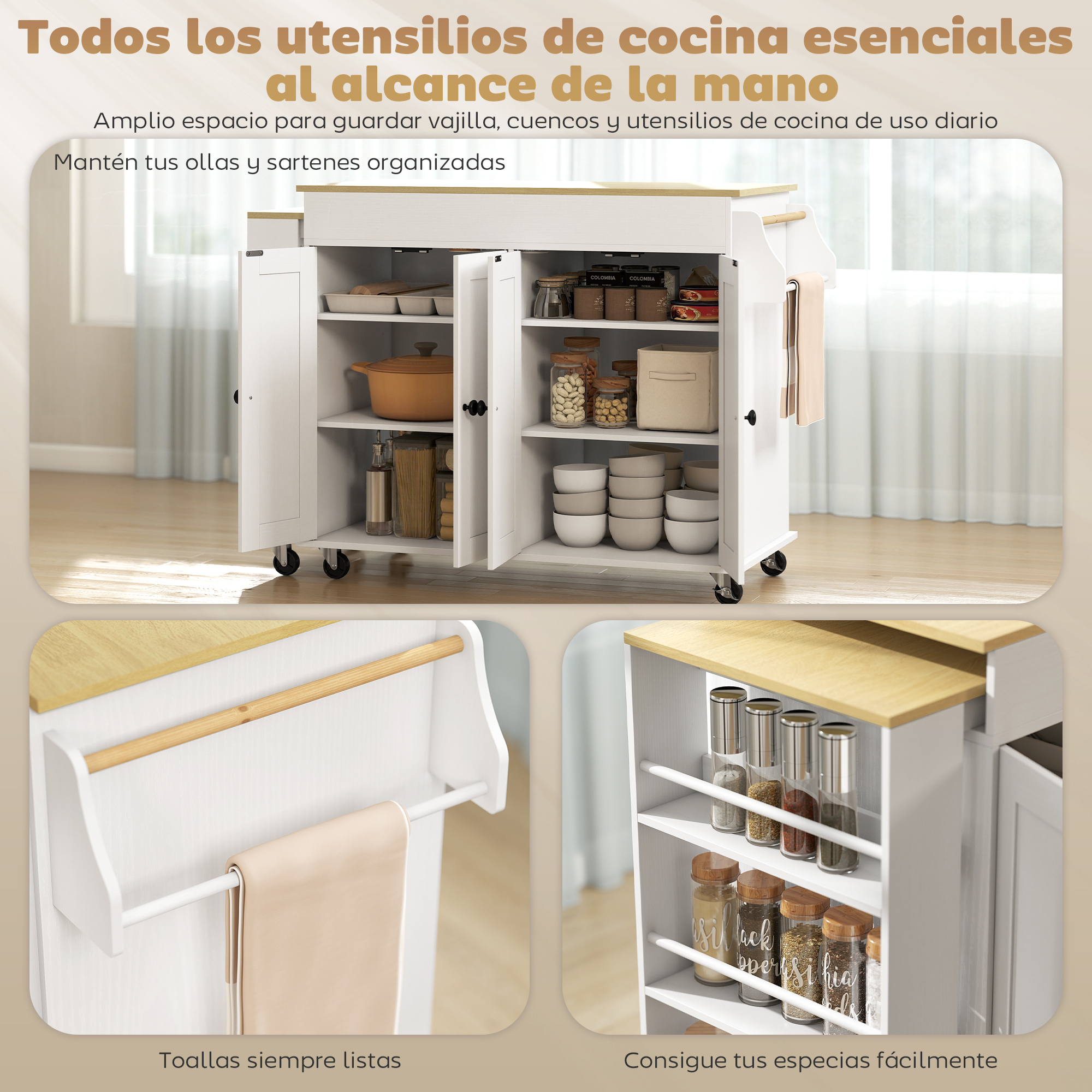 Isla de cocina blanca con estantes abiertos, especiero, toallero y utensilios.