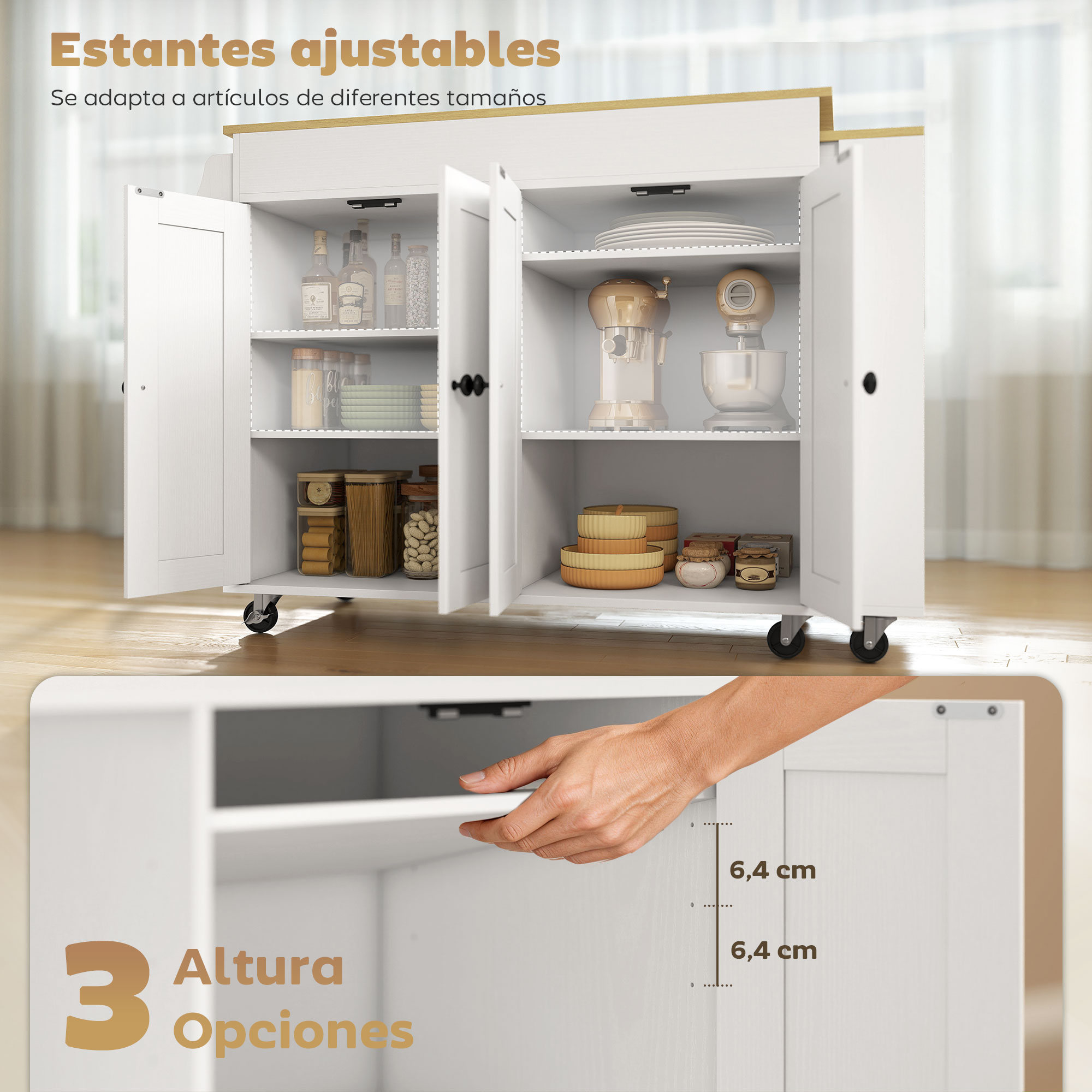 Estantes ajustables con utensilios de cocina y decoración. Altura indicada 6,4 cm.