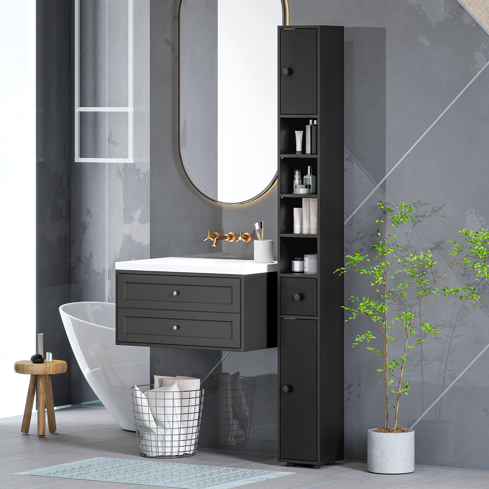 Baño moderno: mueble alto negro, lavabo, bañera, espejo y planta en maceta.