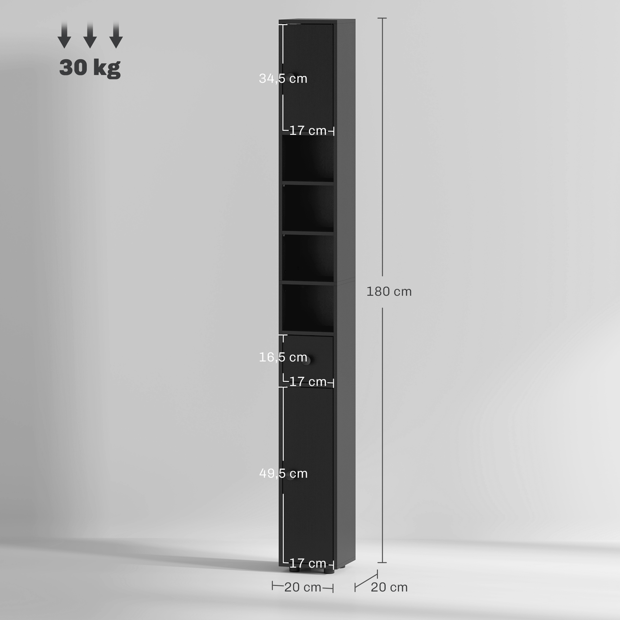 Armario alto negro, 180cm alto, 20cm ancho, 20cm profundo, con cajón y estantes.