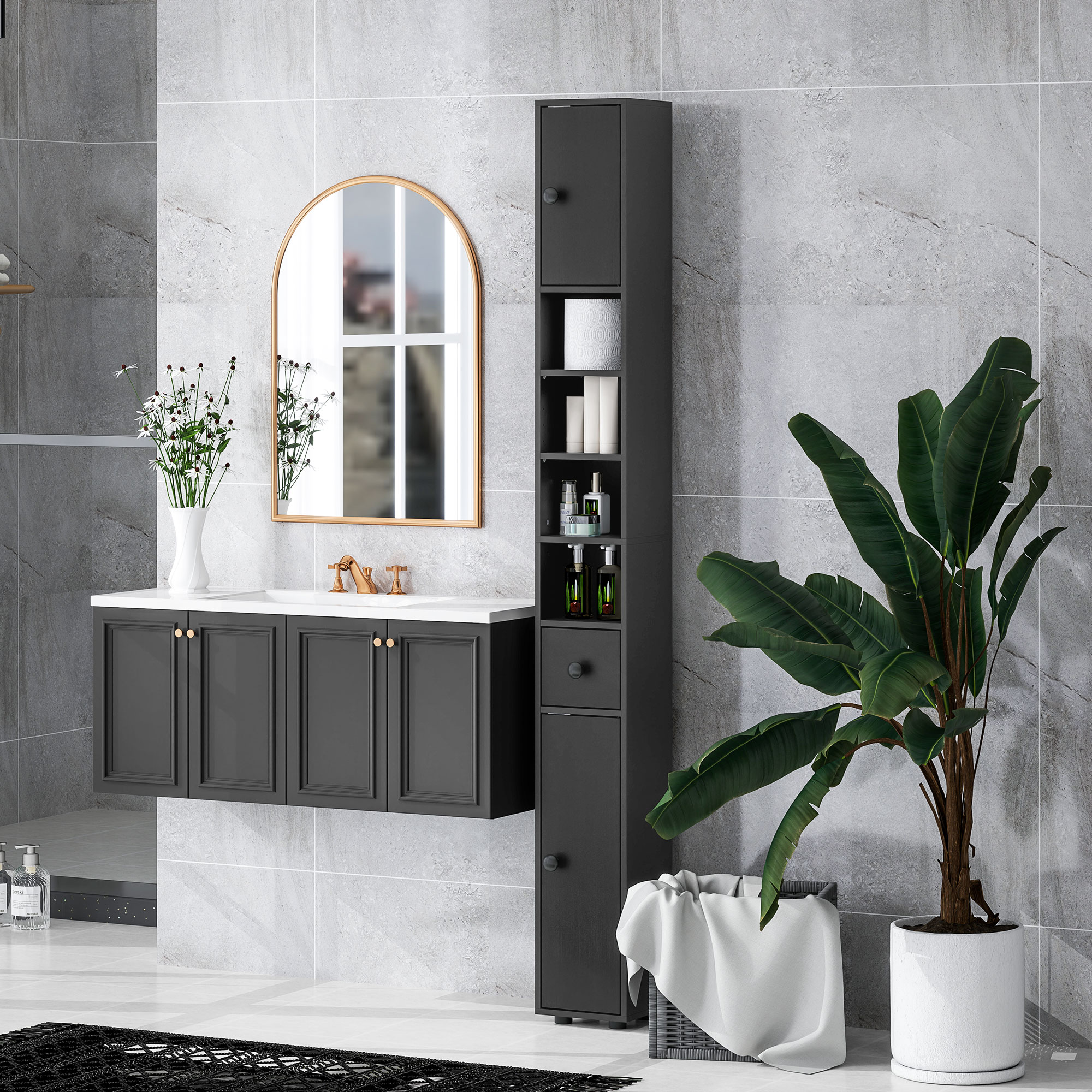 Un baño moderno con tocador oscuro, espejo, mueble alto y planta.