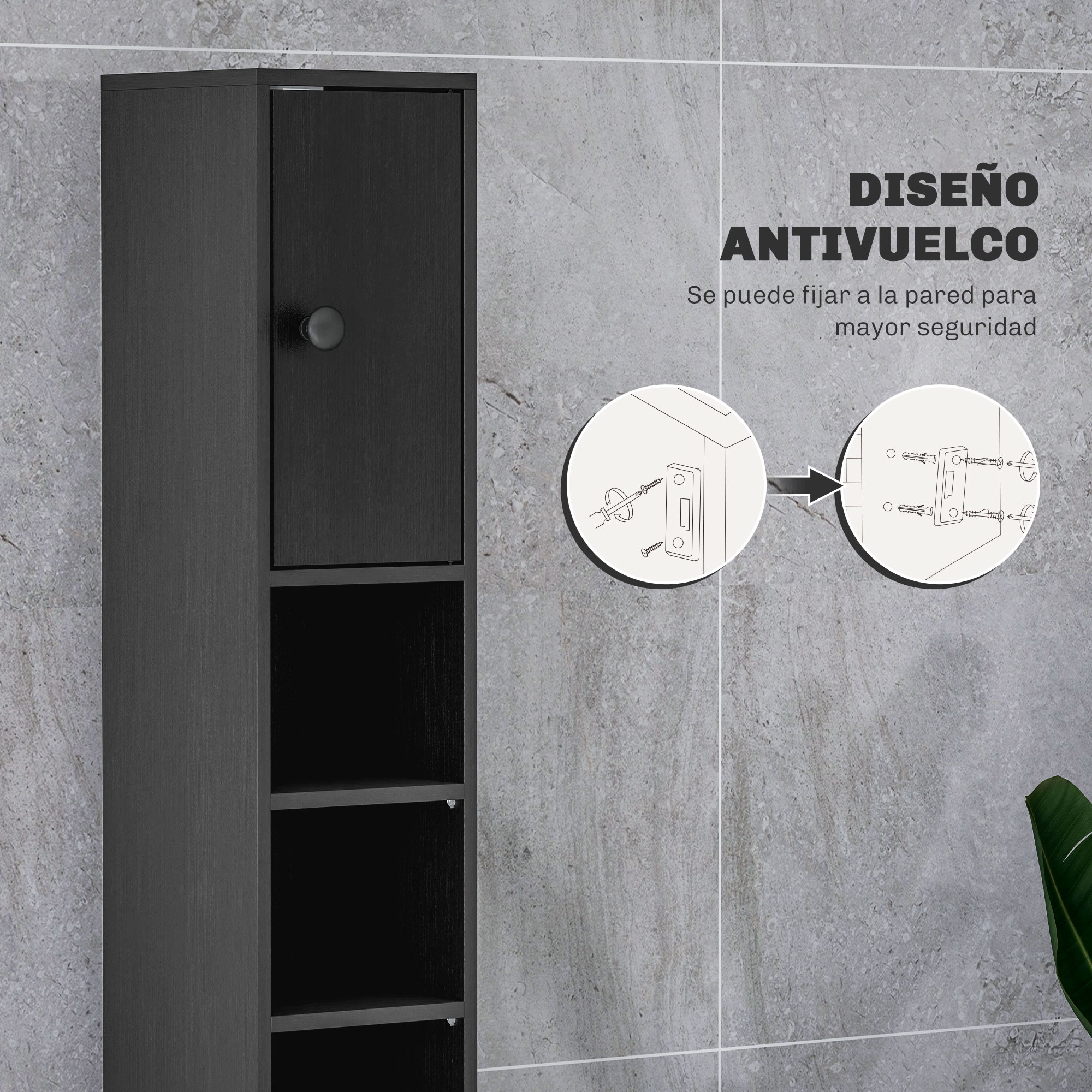 Armario negro con puerta y 3 estantes abiertos. Ilustración de montaje en pared.