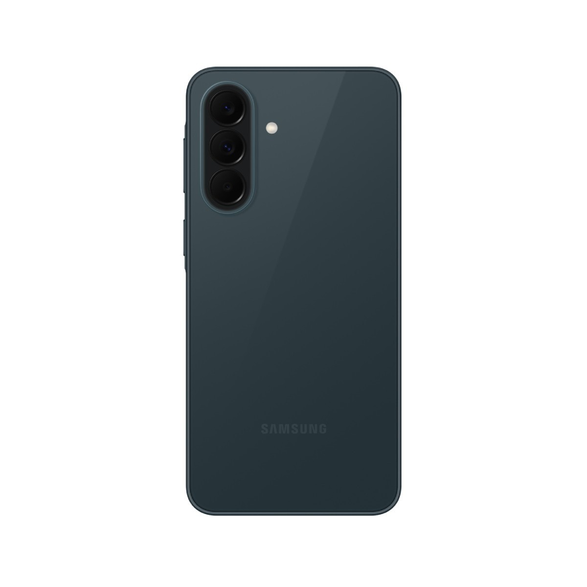Dunkelgrünes Smartphone mit drei Kameras und Blitz.