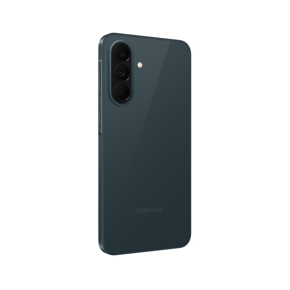 Dunkelgrünes Smartphone mit drei Kameralinsen und Blitz auf der Rückseite.