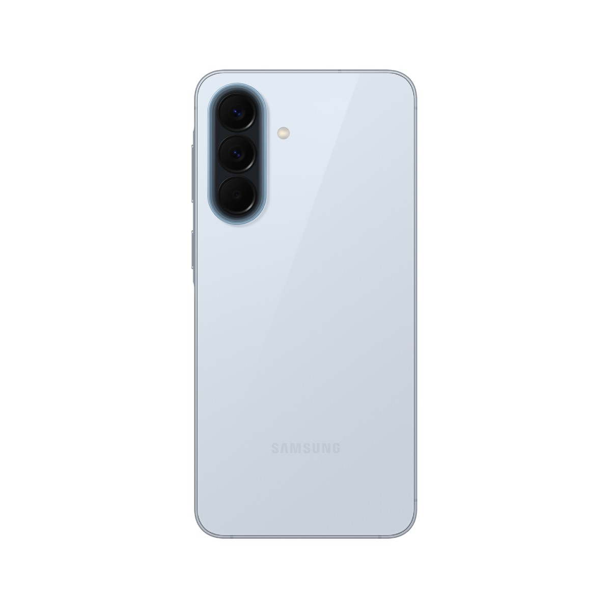 Jasnoniebieski smartfon z trzema aparatami i logo Samsung z tyłu.