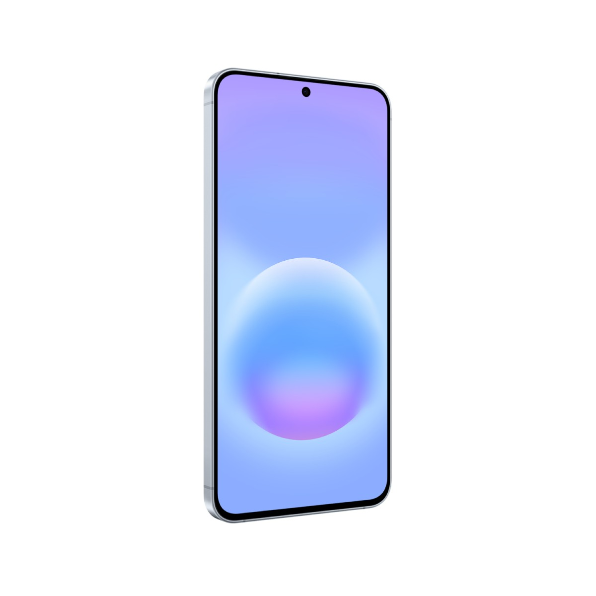 Srebrny smartfon z niebiesko-fioletową tapetą z centralnym kołem.