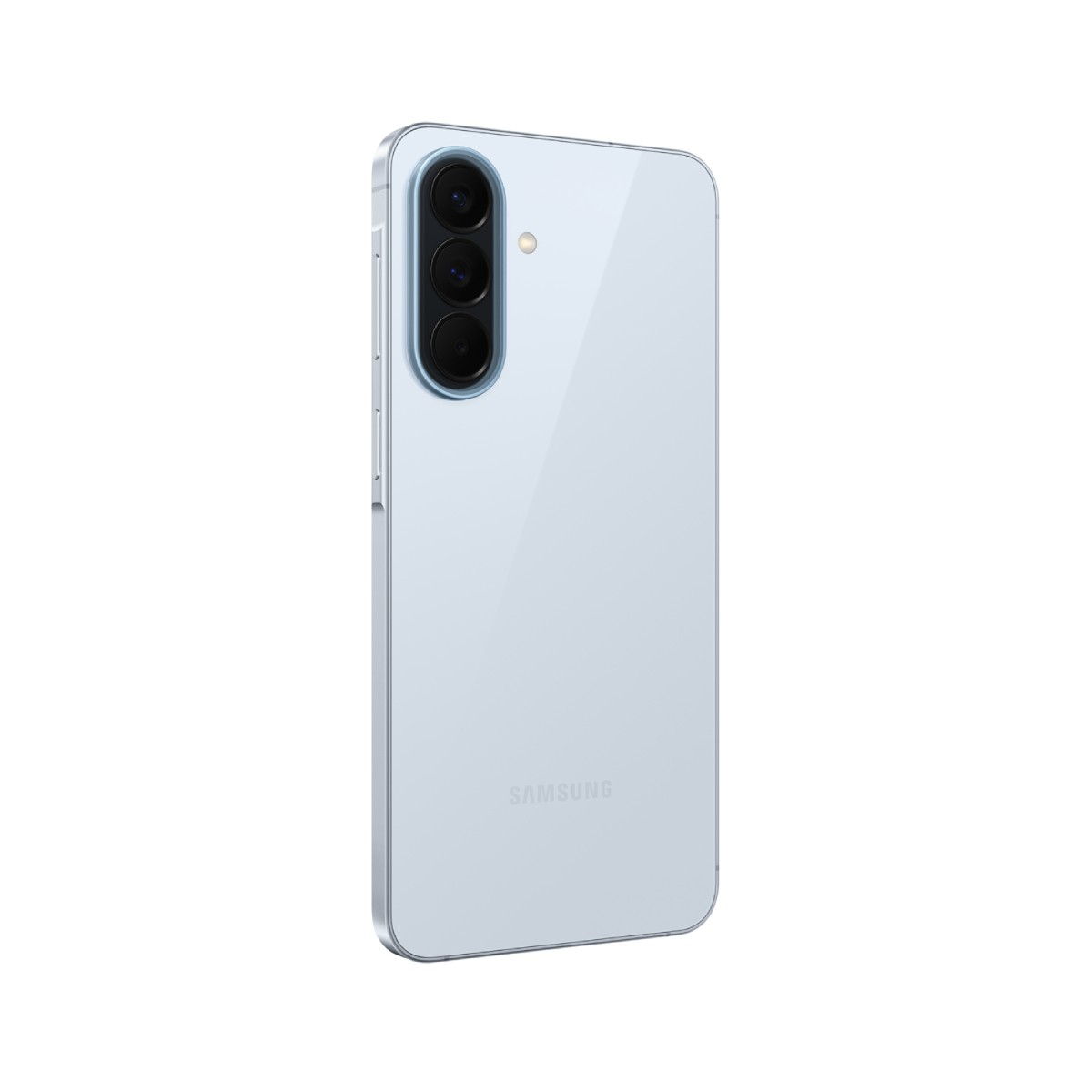 Jasnoniebieski smartfon Samsung z trzema aparatami z tyłu.