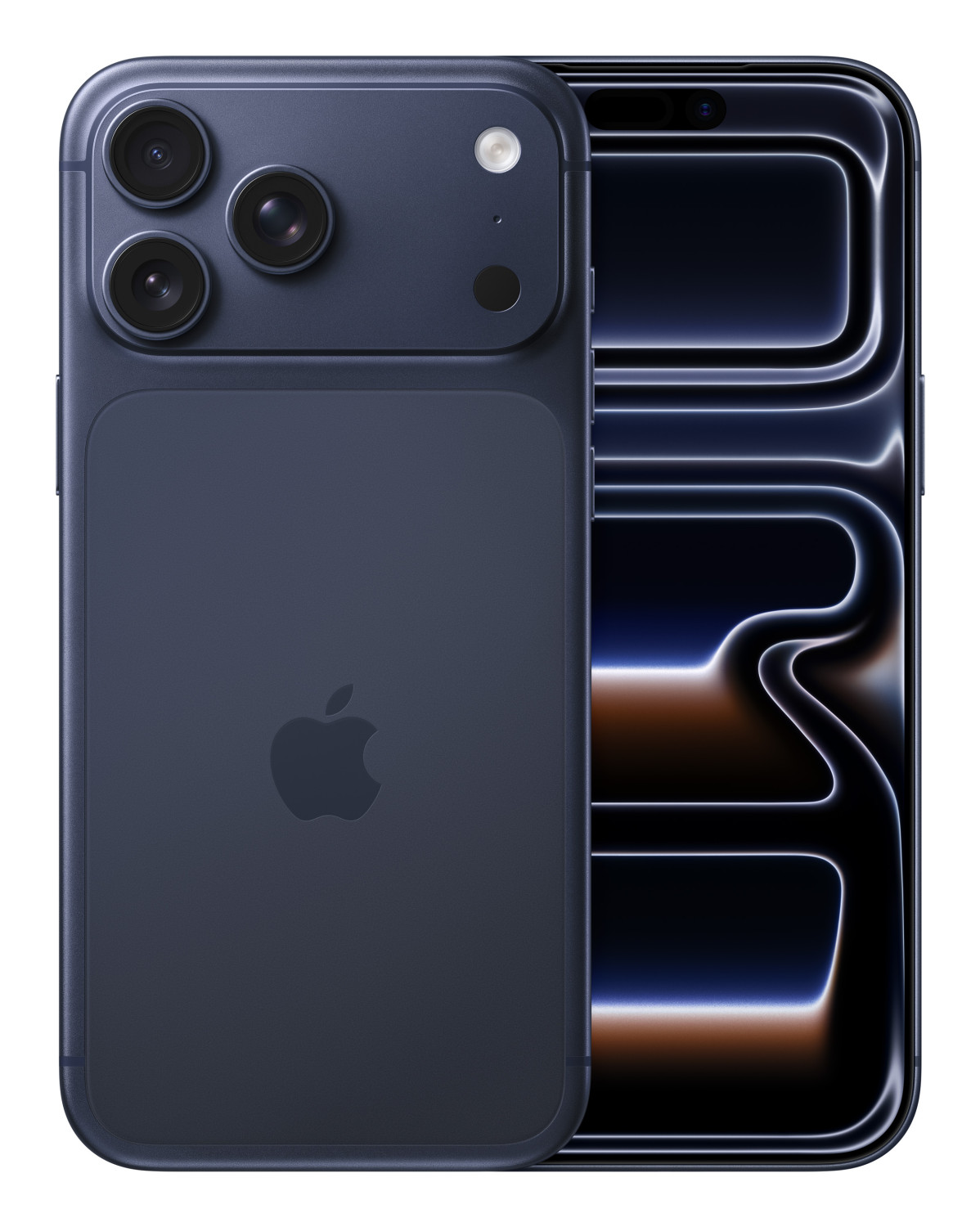Dunkelblaues iPhone mit dreifacher Kamera und Apple-Logo auf der Rückseite.