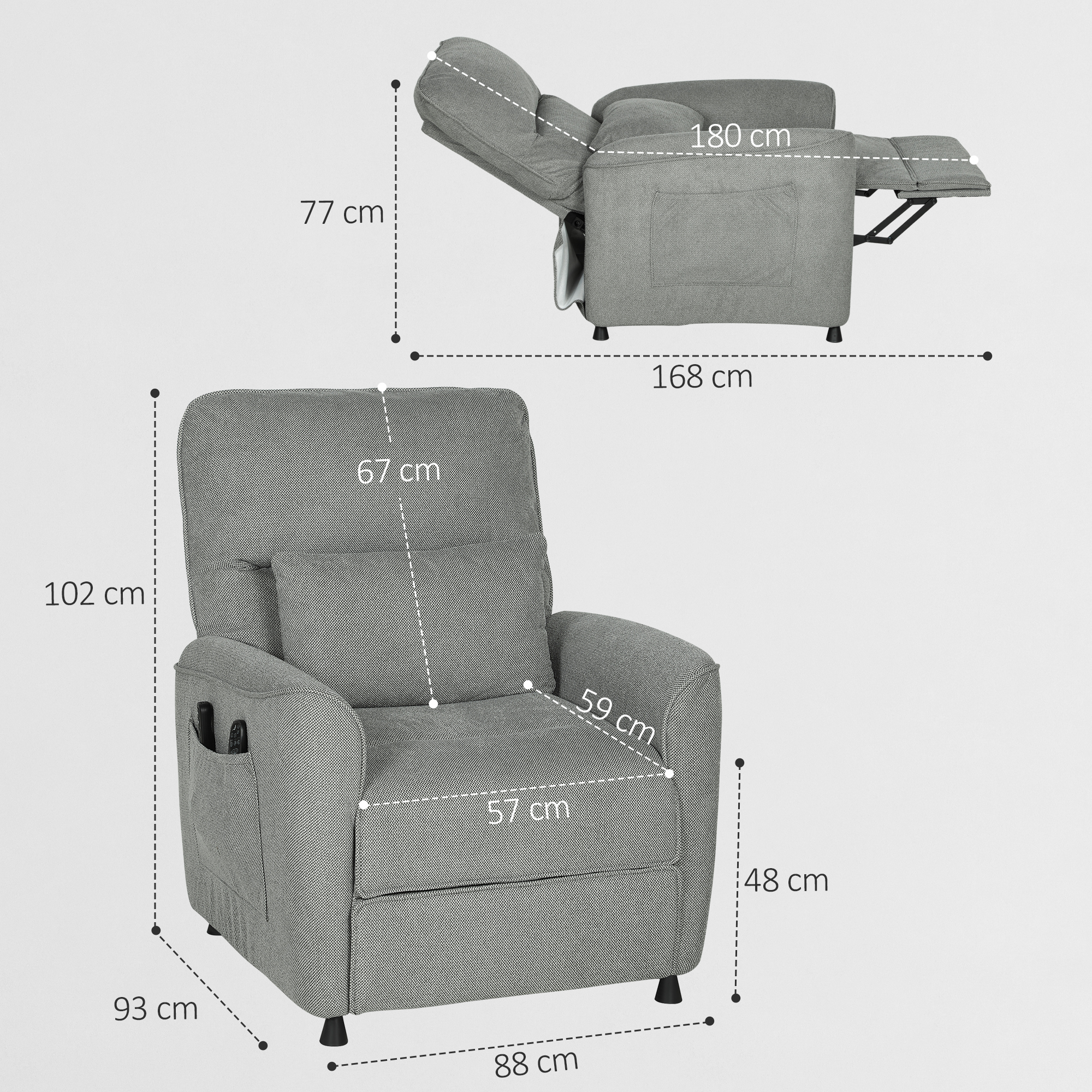 Sillón gris con dimensiones y reposapiés extendido. Altura 102cm.