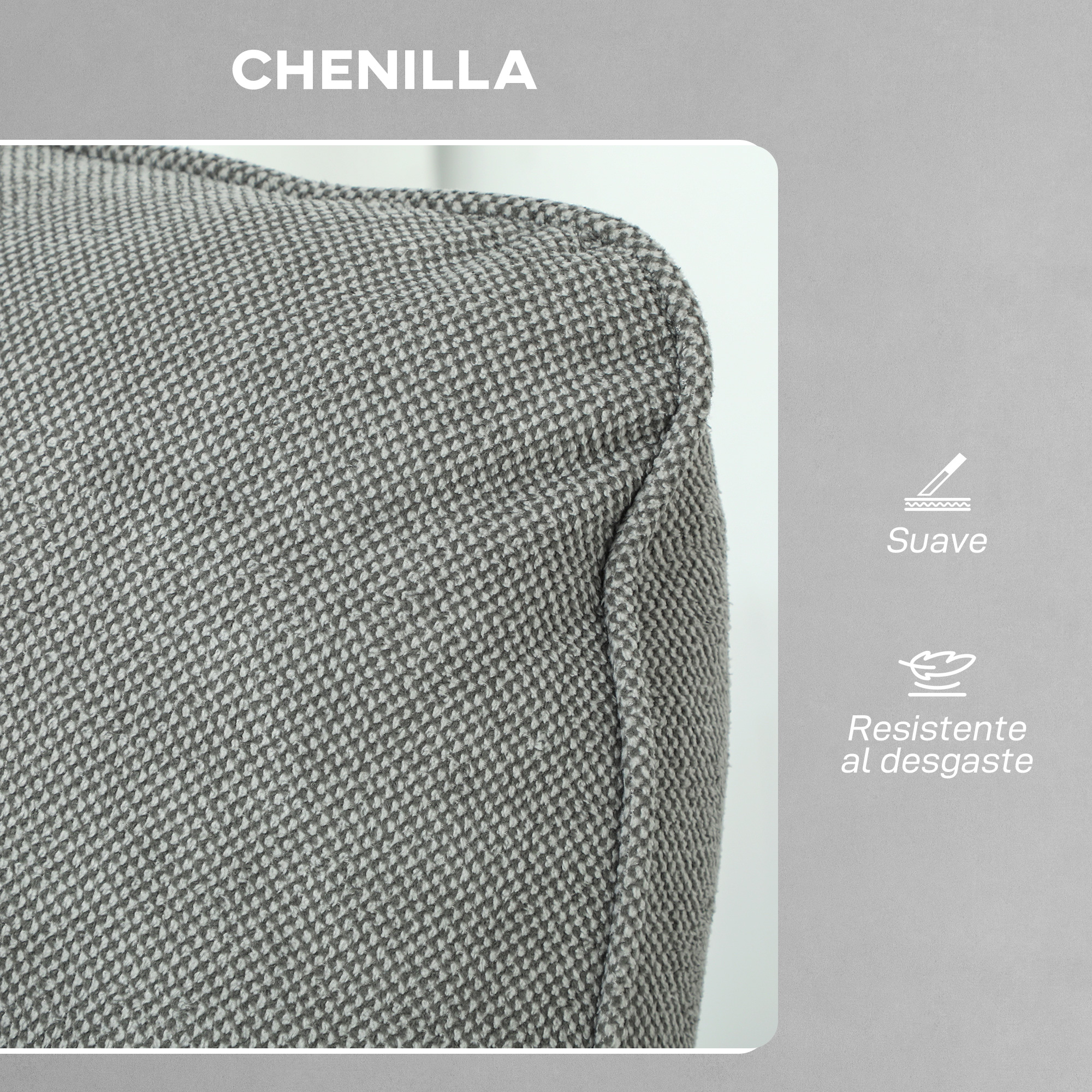 Tela de chenilla gris con textura detallada y costura.