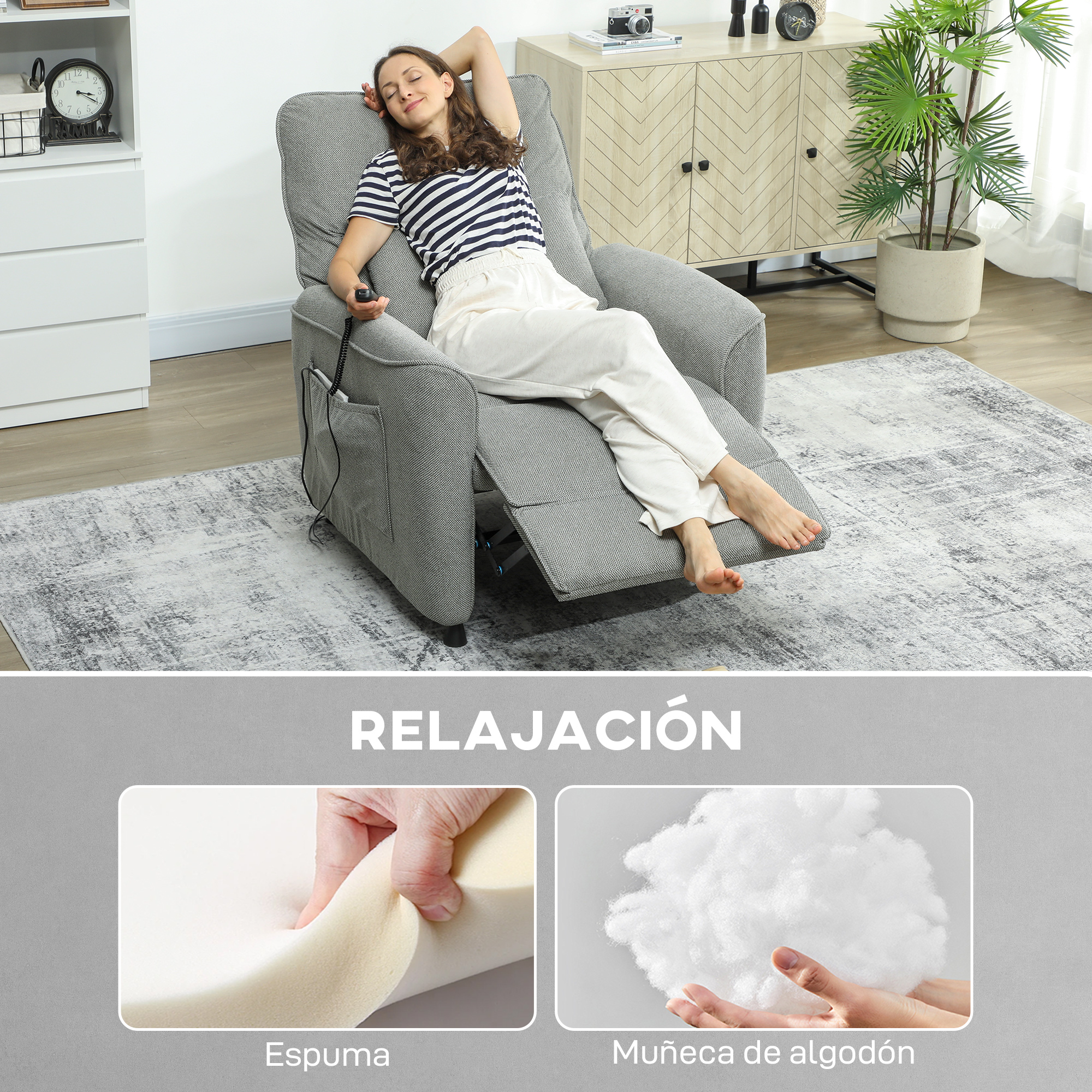 Mujer relajándose en un sillón reclinable gris, con mando a distancia.