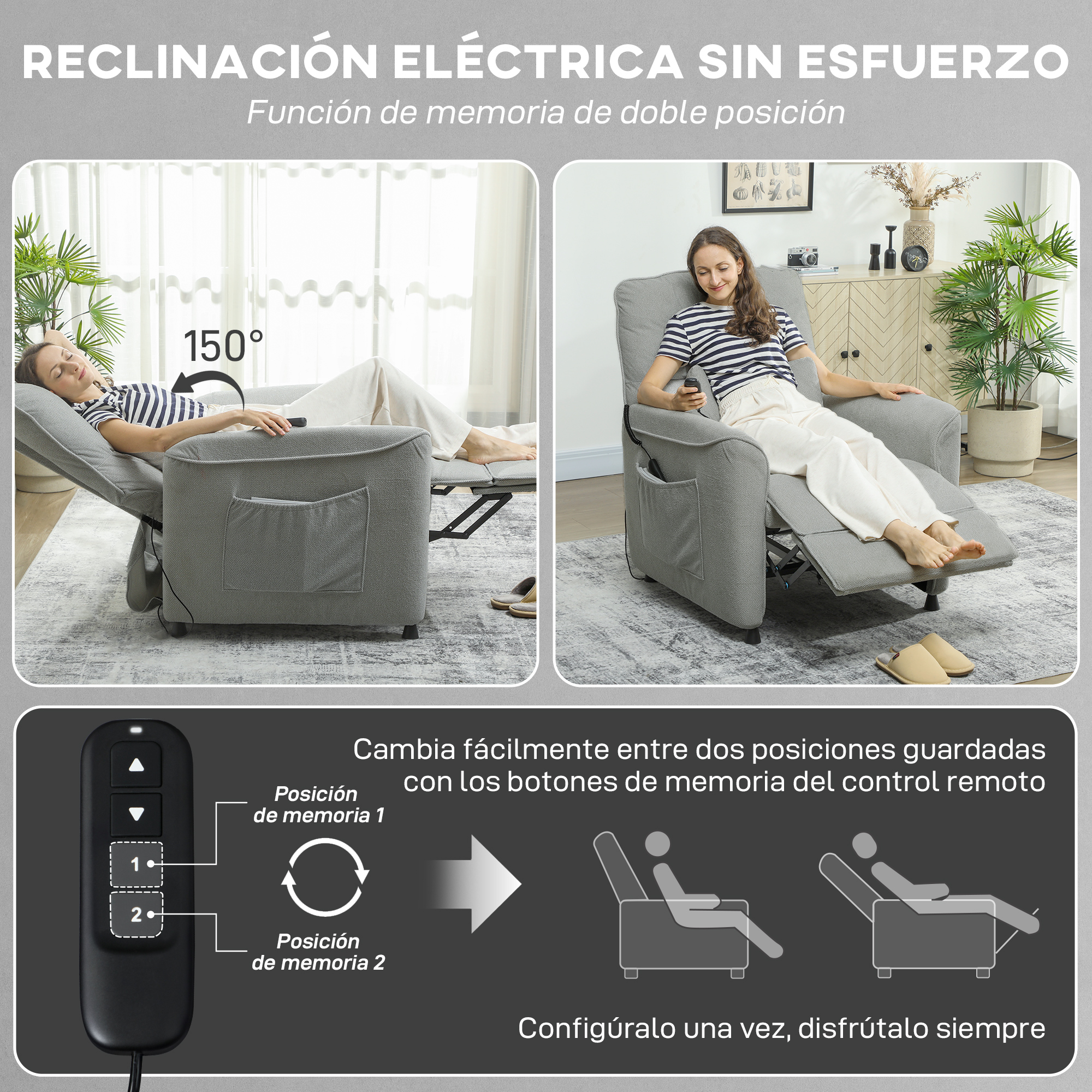 Un sillón reclinable con mando a distancia, mostrando dos posiciones guardadas.