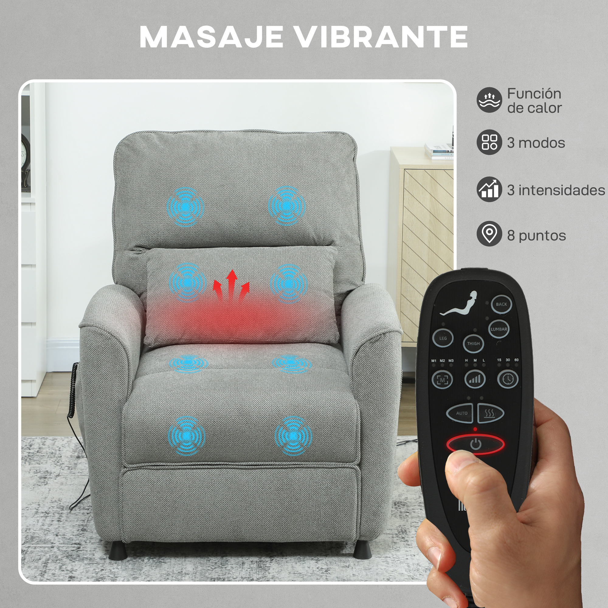 Un sillón de masaje gris con mando que muestra calor, 3 modos, 3 intensidades y 8 puntos.