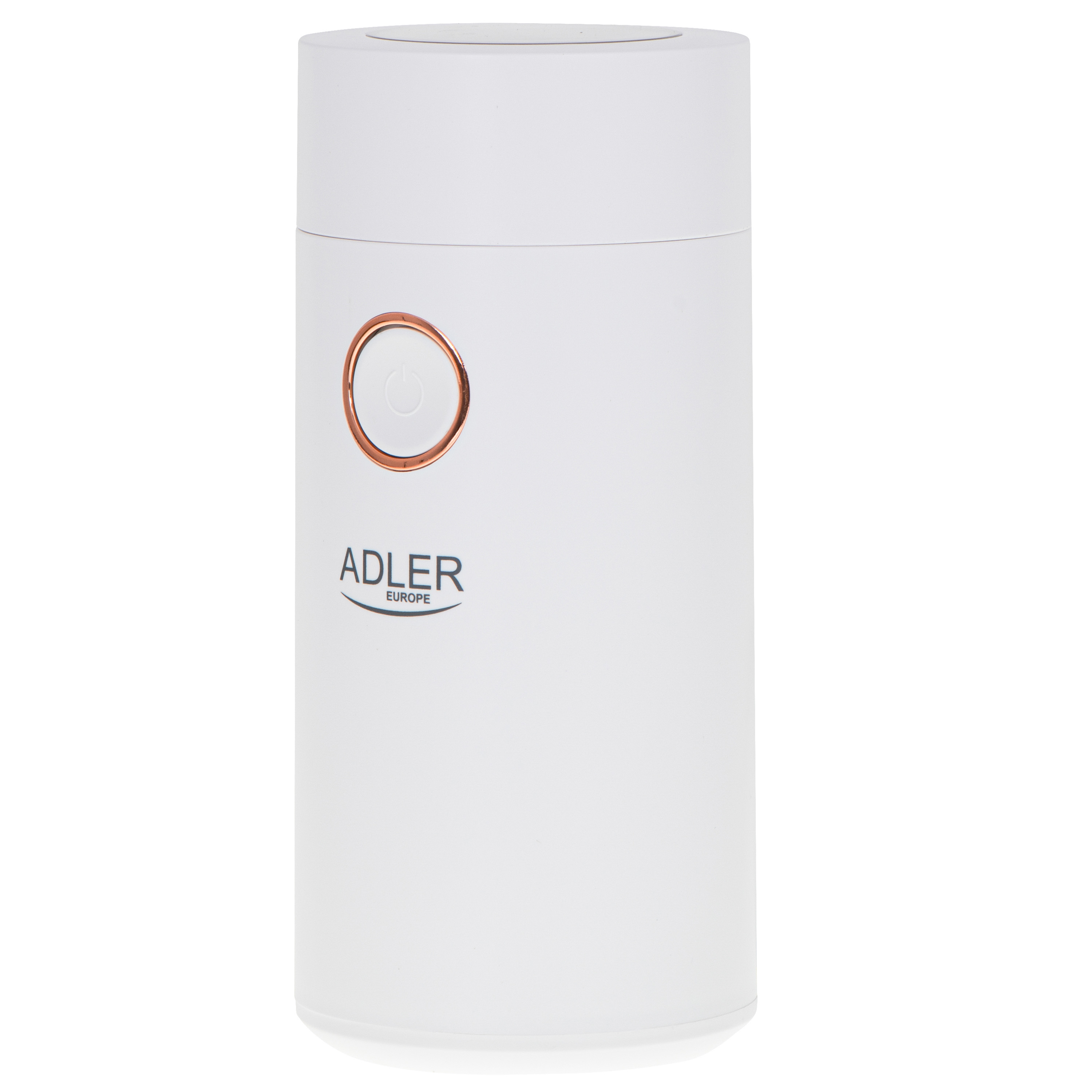 Un bollitore elettrico bianco Adler con pulsante di accensione color rame.