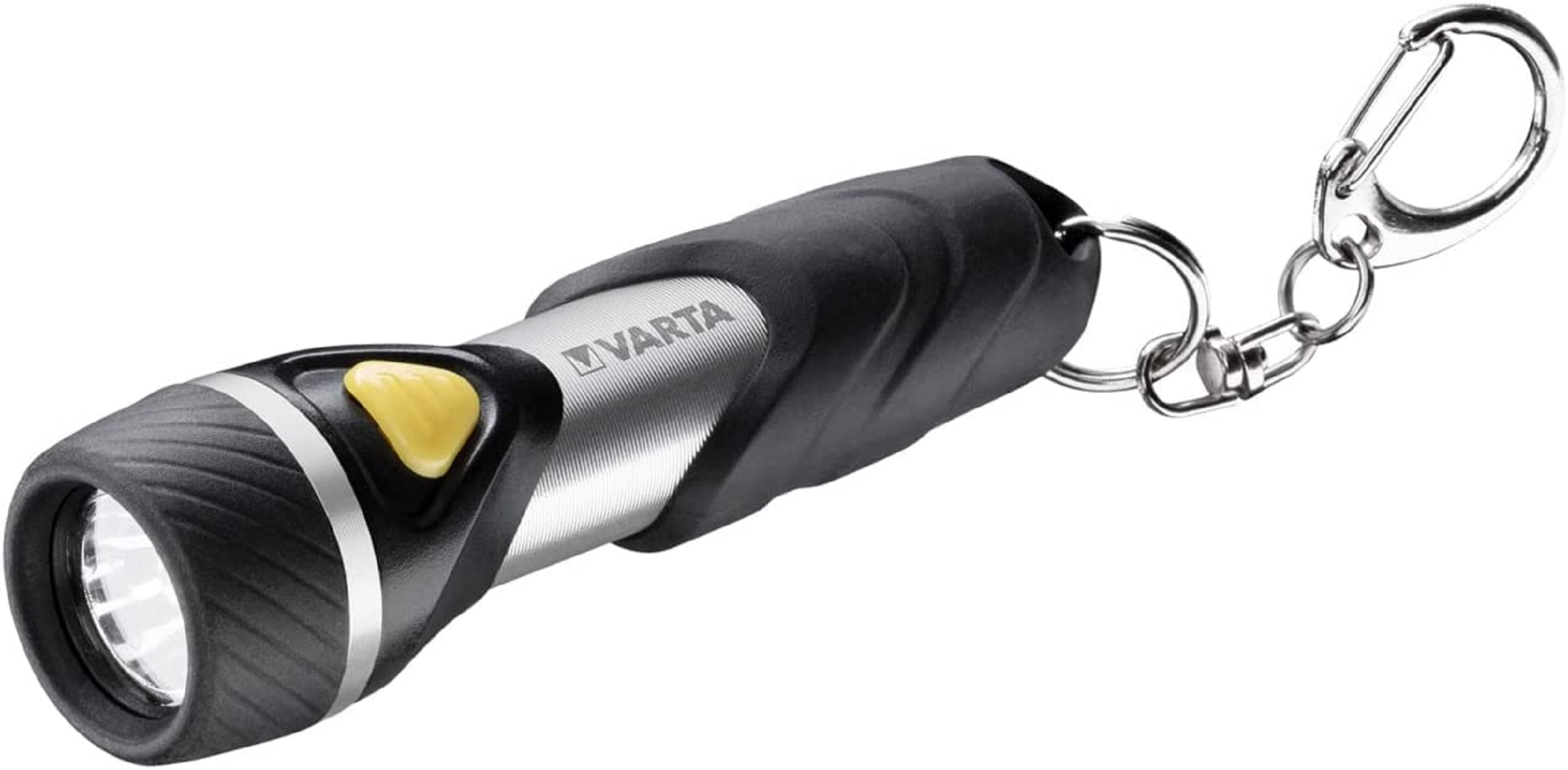 Lampe torche Varta compacte avec porte-clés et mousqueton.