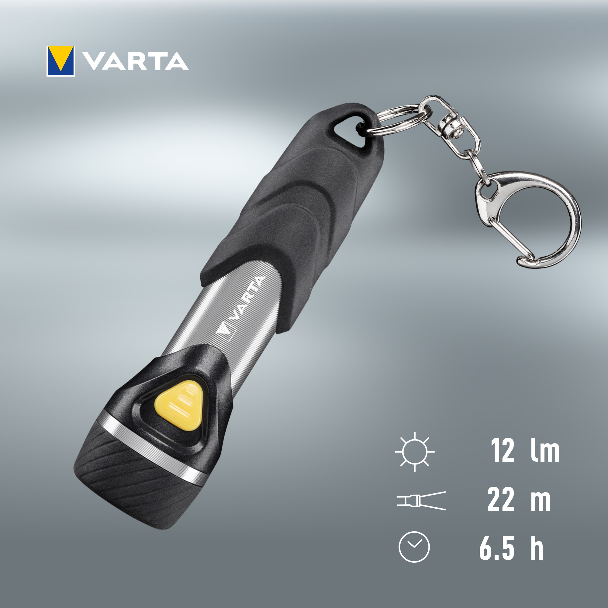 Petite lampe de poche Varta avec porte-clés, bouton jaune et spécifications.