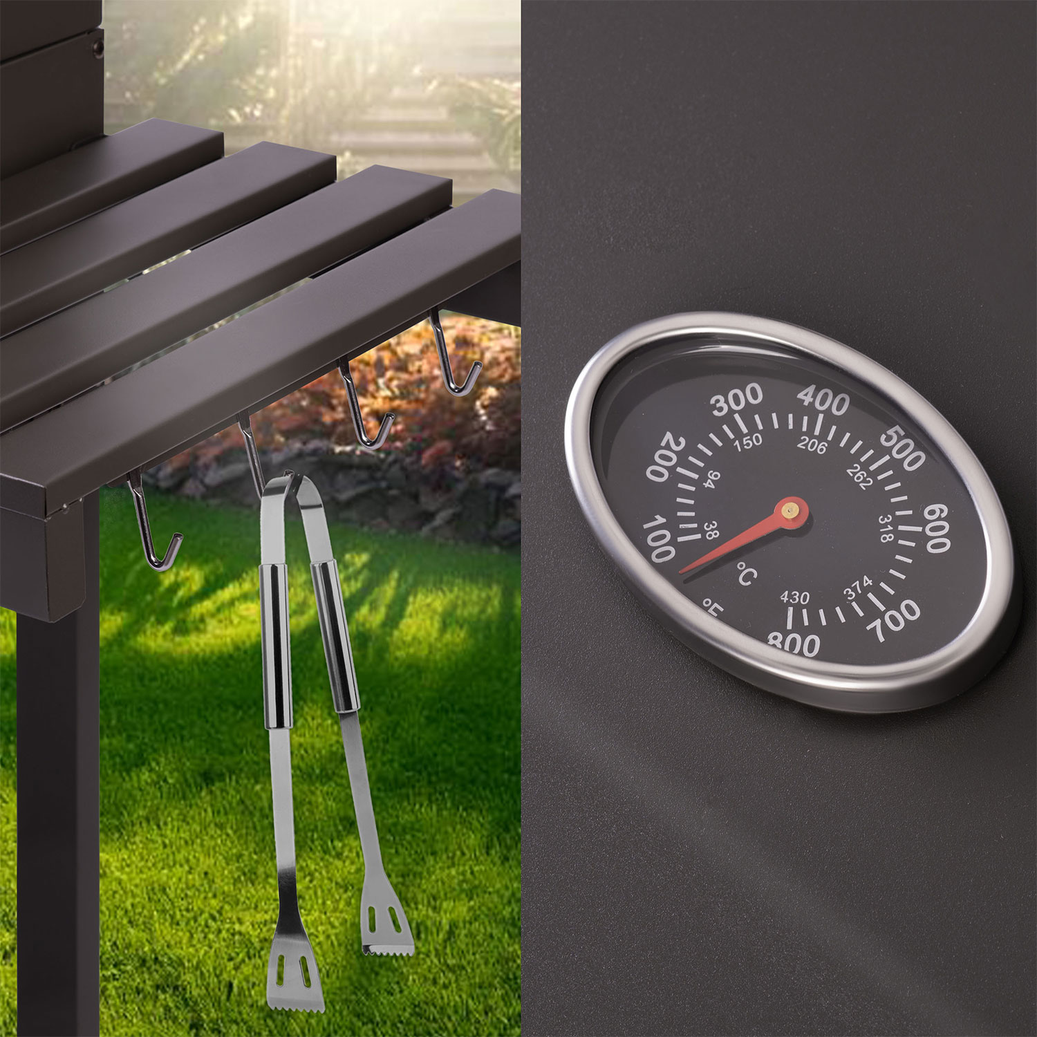 Szczypce do grilla wiszą na brązowym stojaku obok termometru.