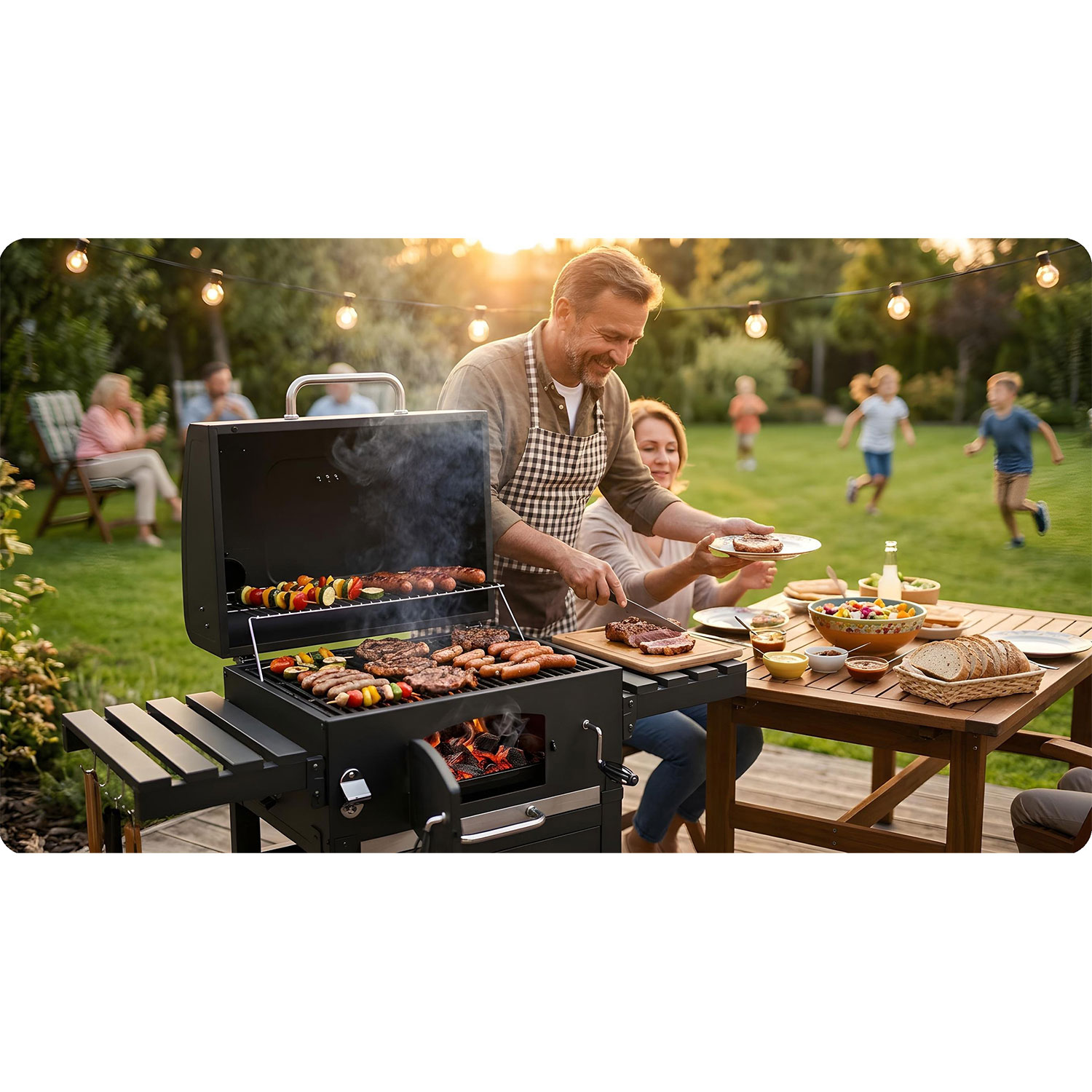 Rodzinny grill w ogrodzie o zachodzie słońca, dzieci bawią się w tle.
