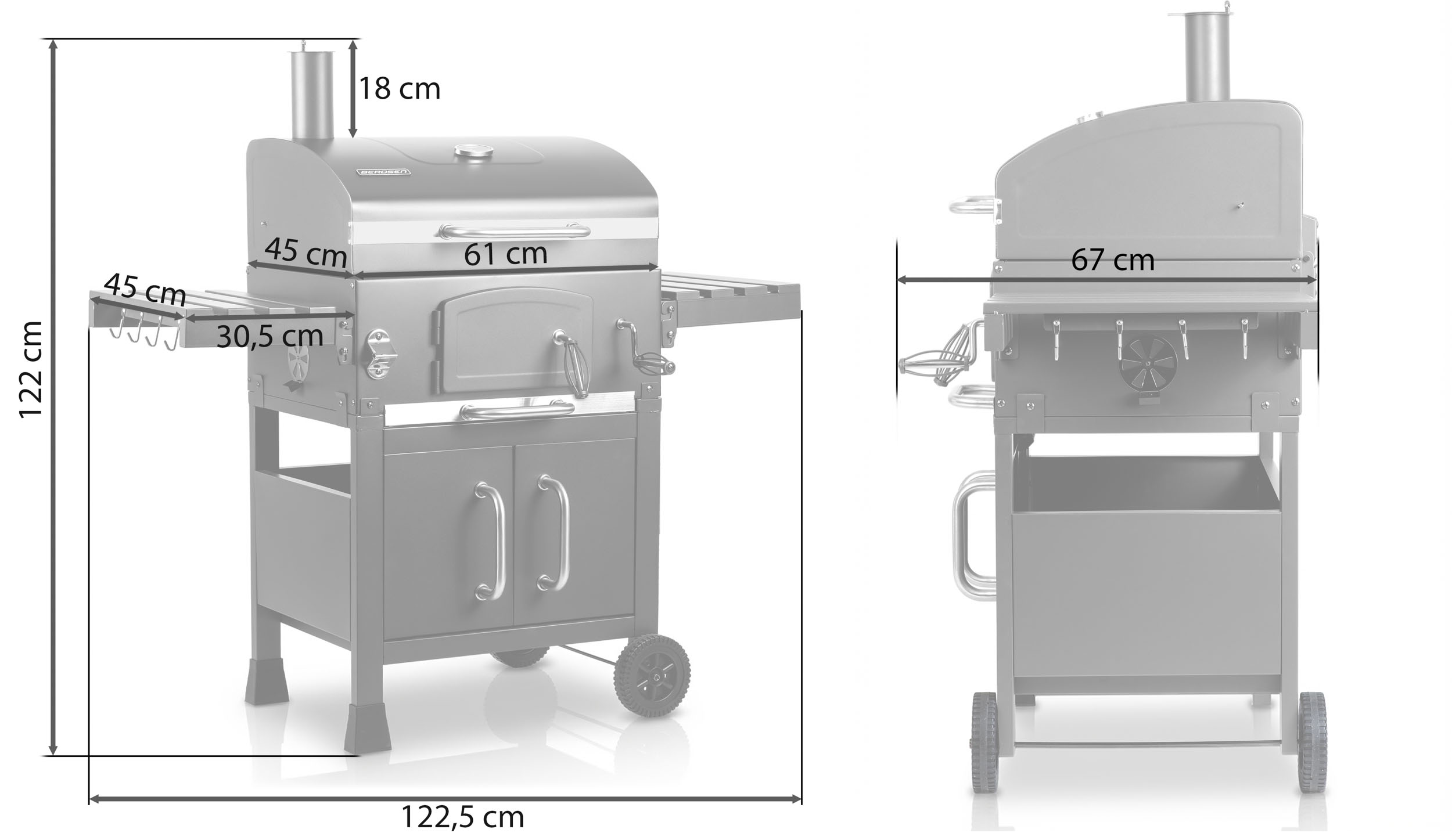Srebrny grill z wymiarami, pokazany z przodu i z boku.