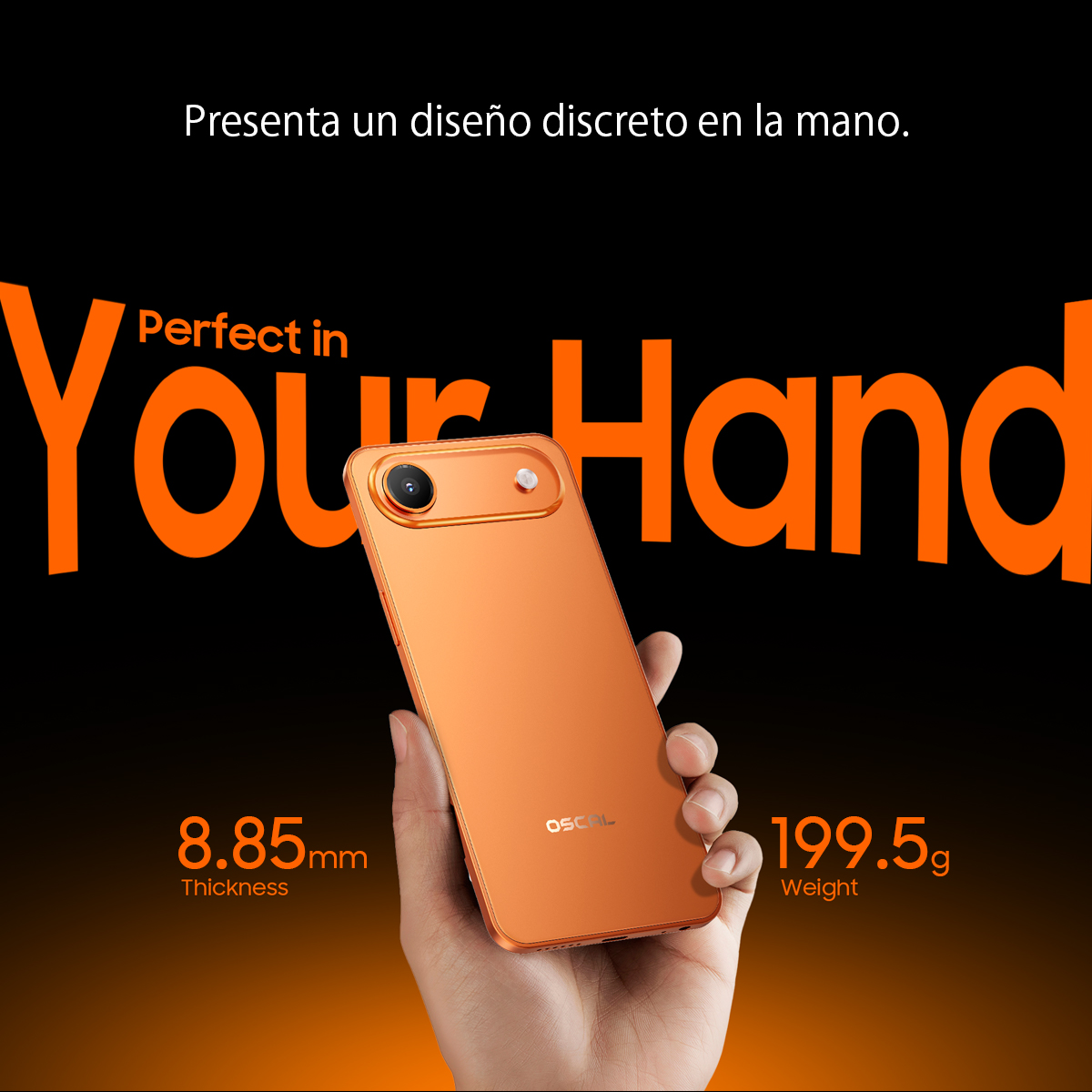 Una mano sostiene un smartphone naranja, mostrando 8,85 mm de grosor y 199,5 g de peso.