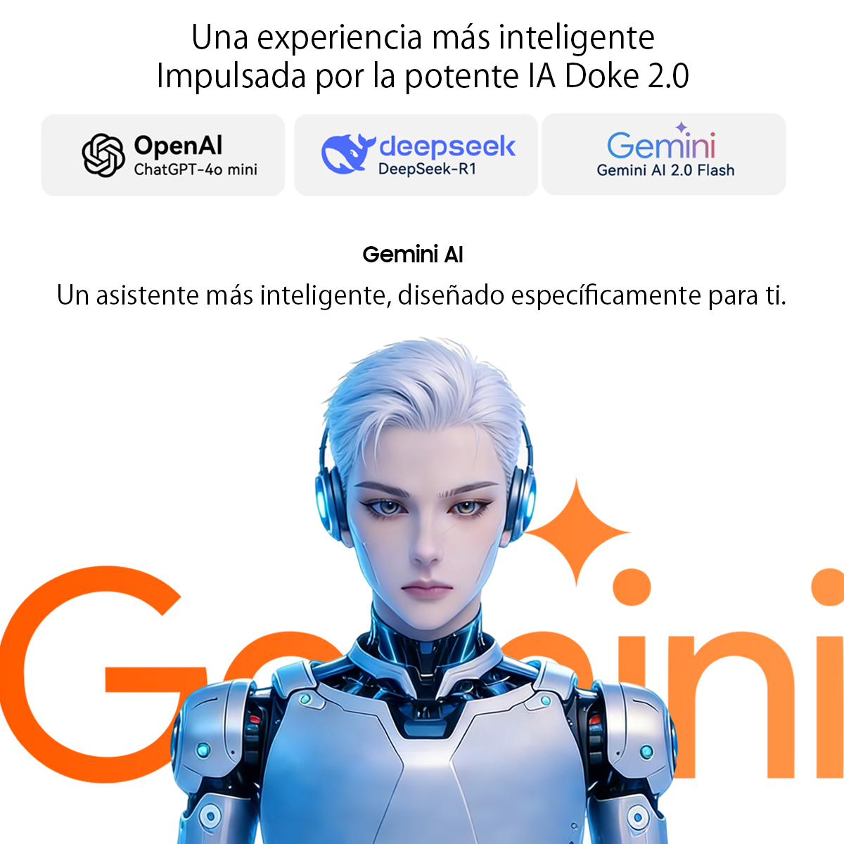 Un robot con auriculares y el logo de Gemini.