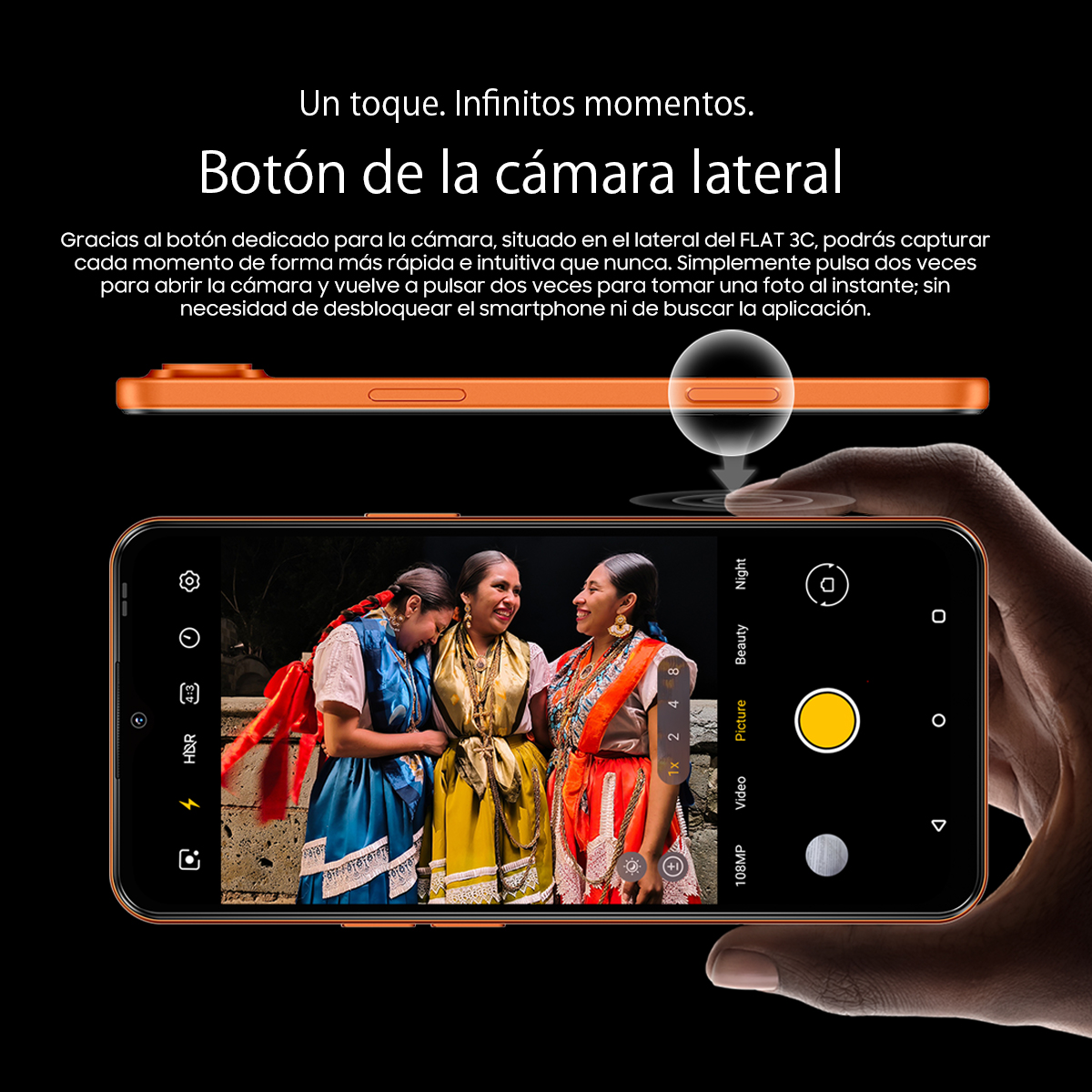 Teléfono inteligente naranja mostrando app de cámara con tres mujeres vestidas.