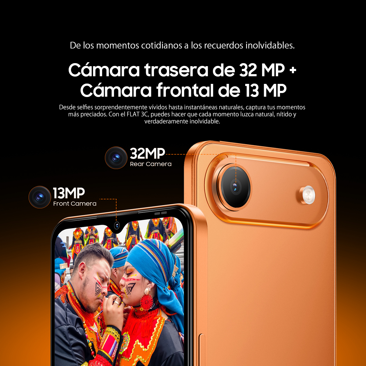 Teléfono naranja con cámara trasera de 32MP y frontal de 13MP.