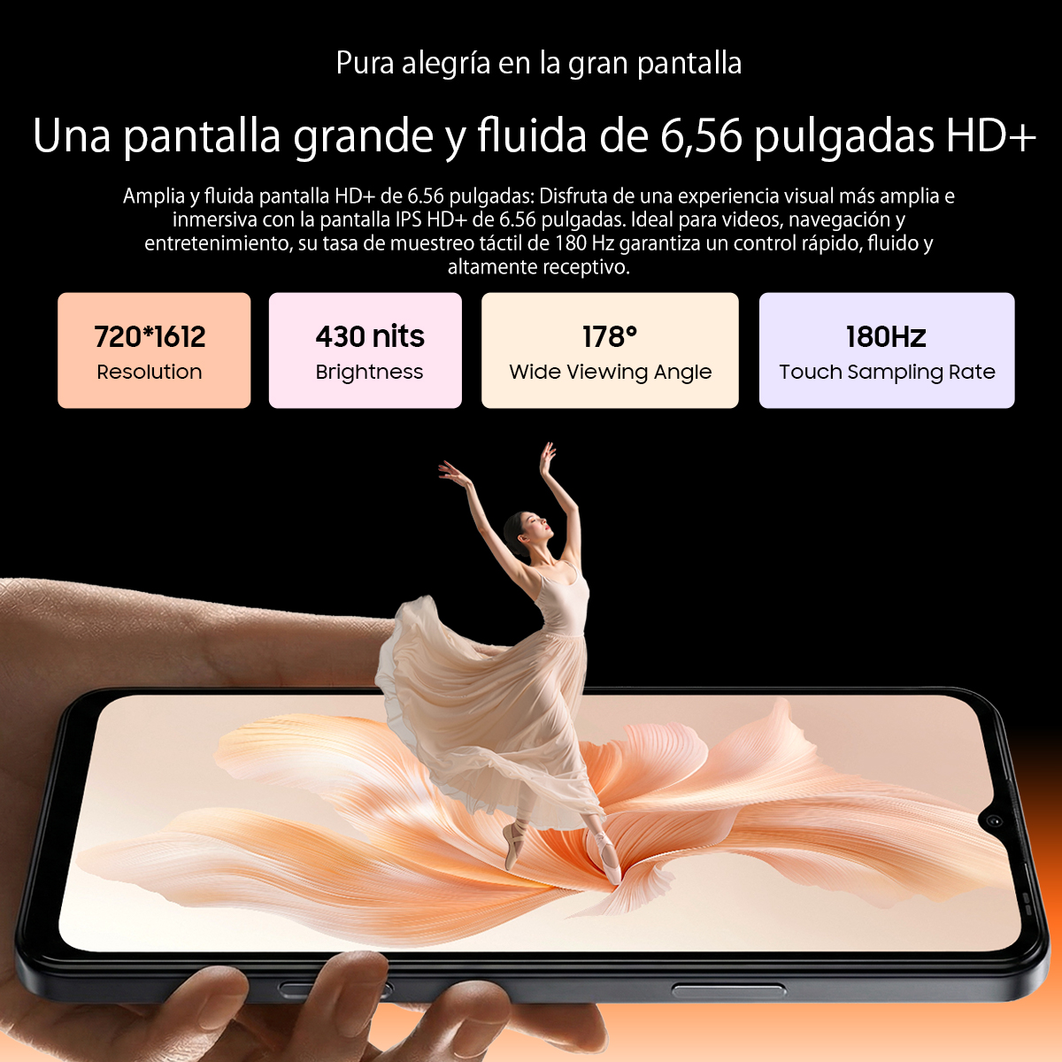 Pantalla de teléfono con bailarina, resolución, brillo, ángulo de visión, tasa táctil.