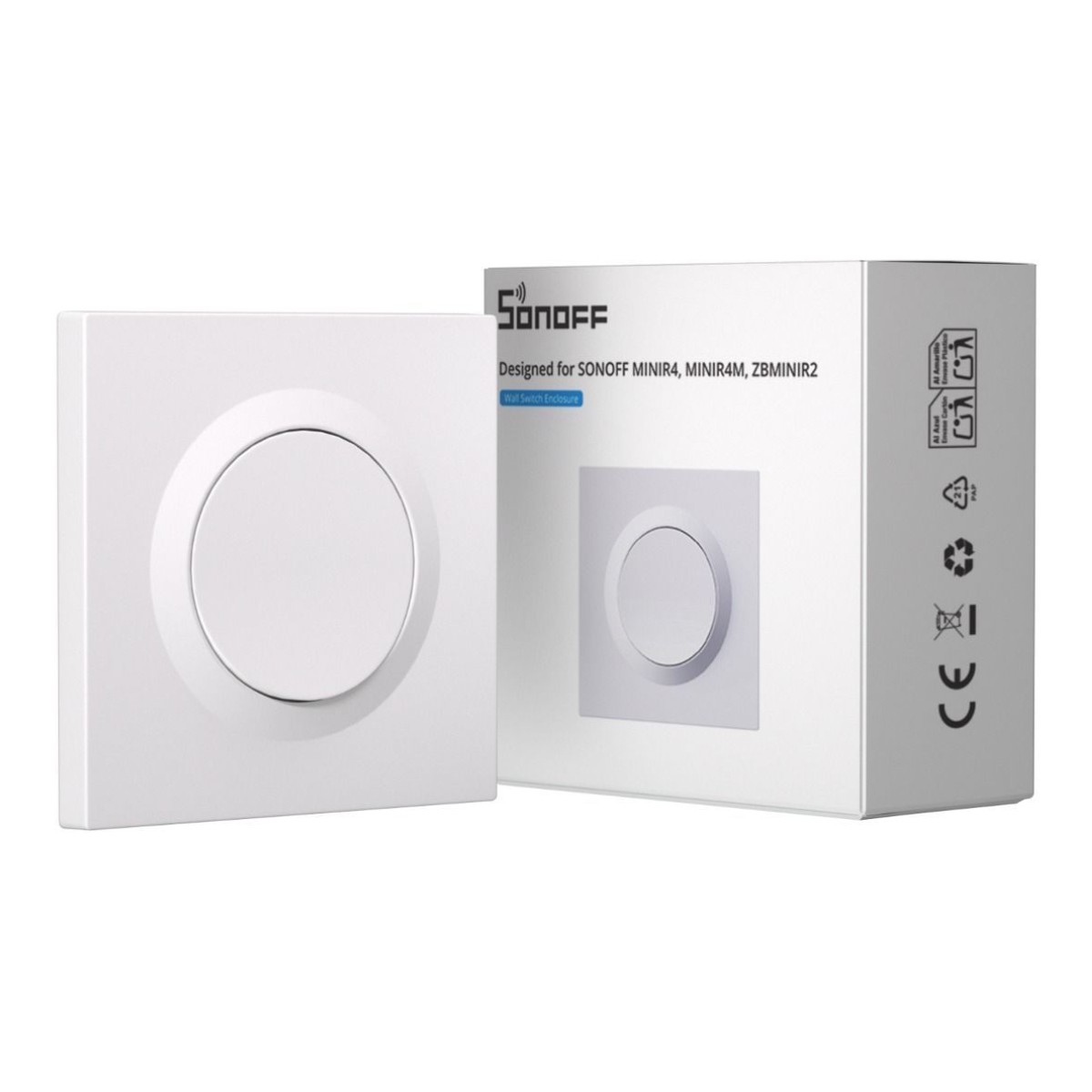 Biała obudowa przełącznika ściennego Sonoff i jej pudełko. Minimalistyczny design.