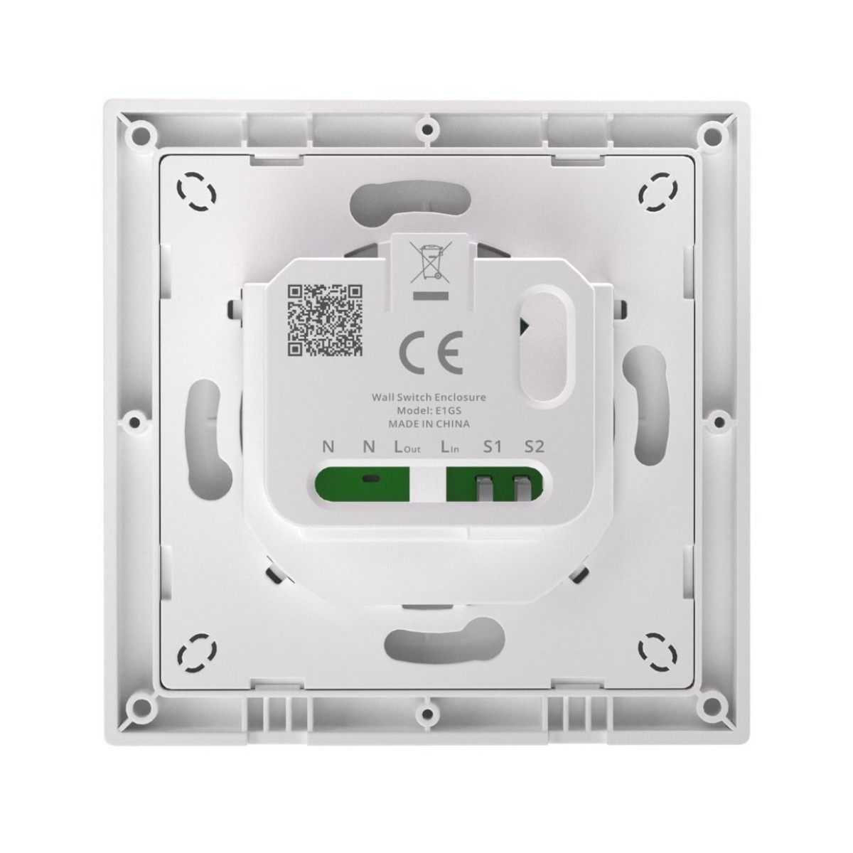 Tył białego włącznika ściennego ze znakiem CE i zaciskami.