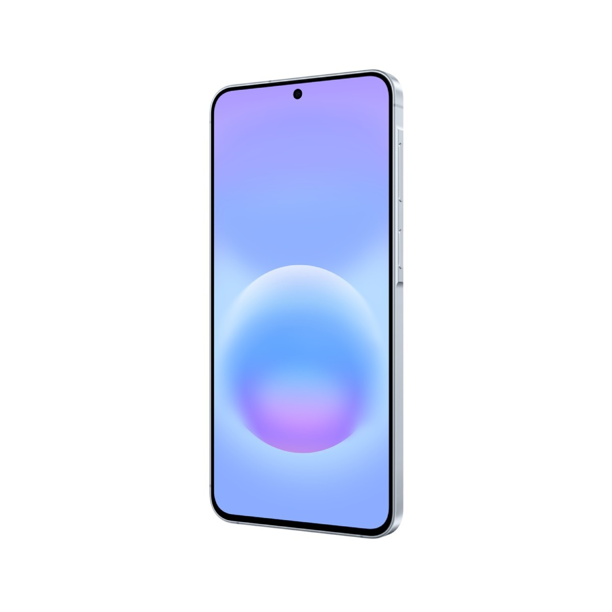 Srebrny smartfon wyświetla niebiesko-fioletowe tło na ekranie.