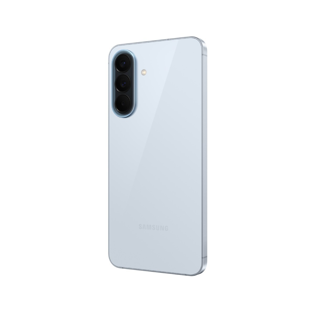 Jasnoniebieski smartfon Samsung z trzema aparatami z tyłu.