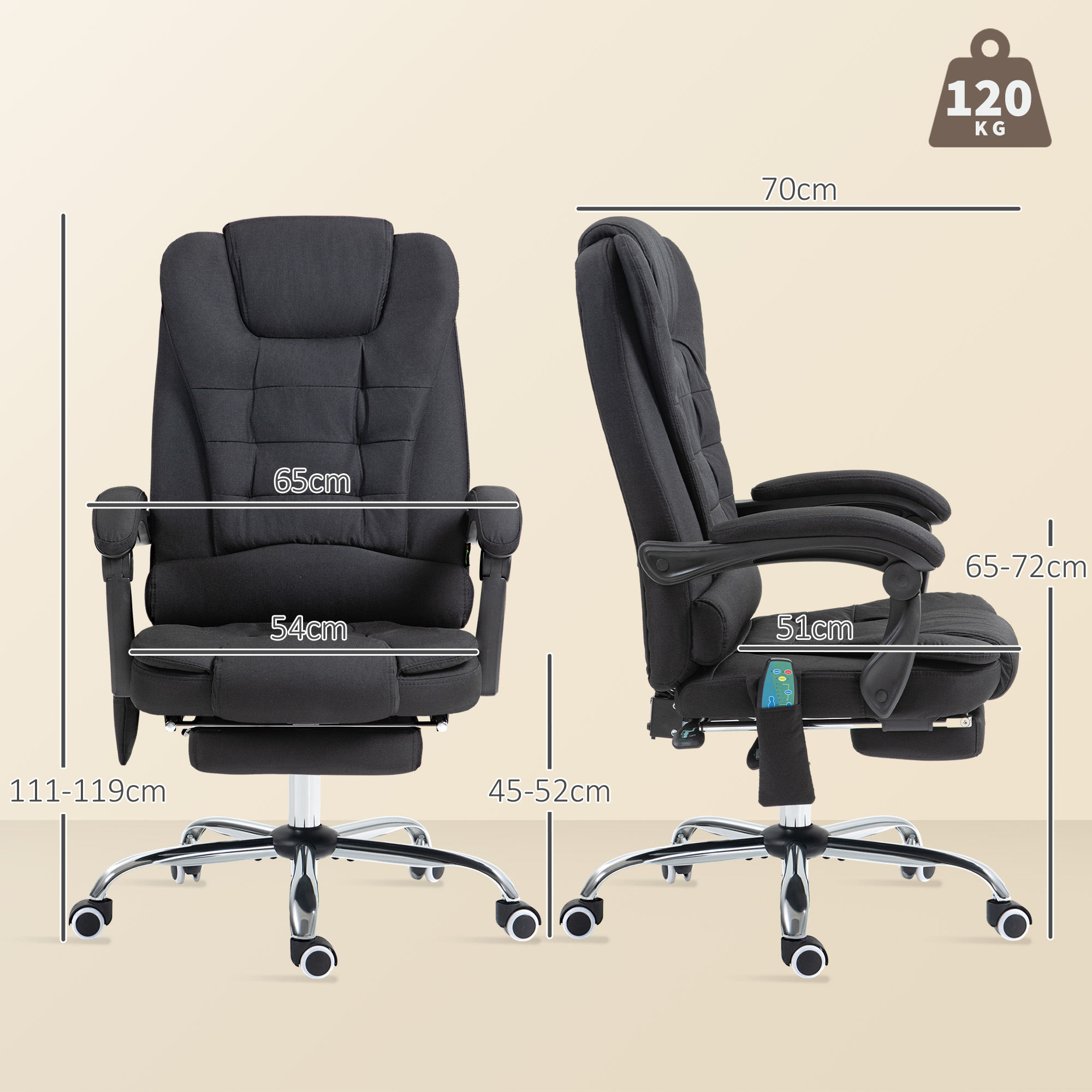 Silla de oficina negra con reposapiés extensible y dimensiones.