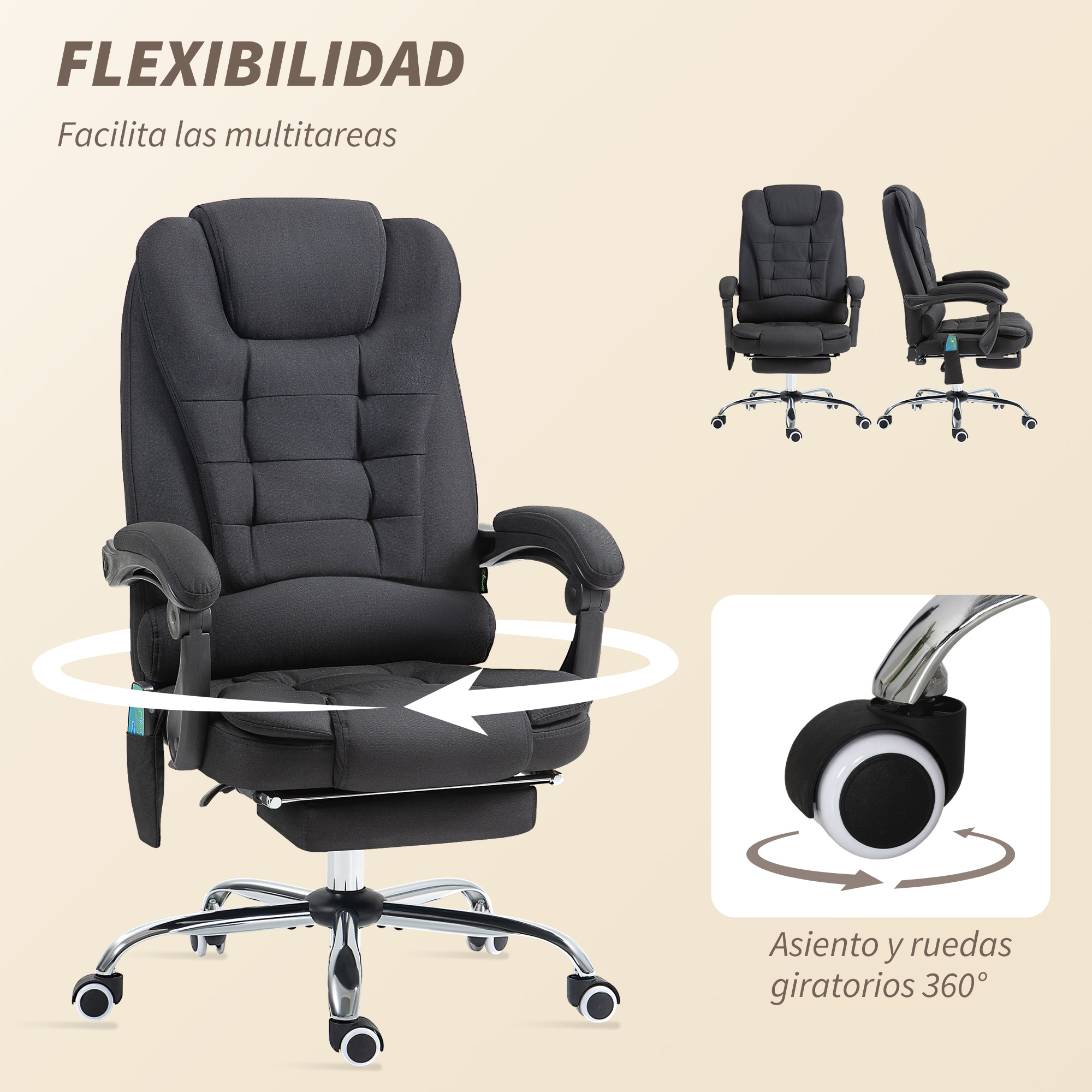 Una silla de oficina negra con reposapiés y ruedas, girando 360°.