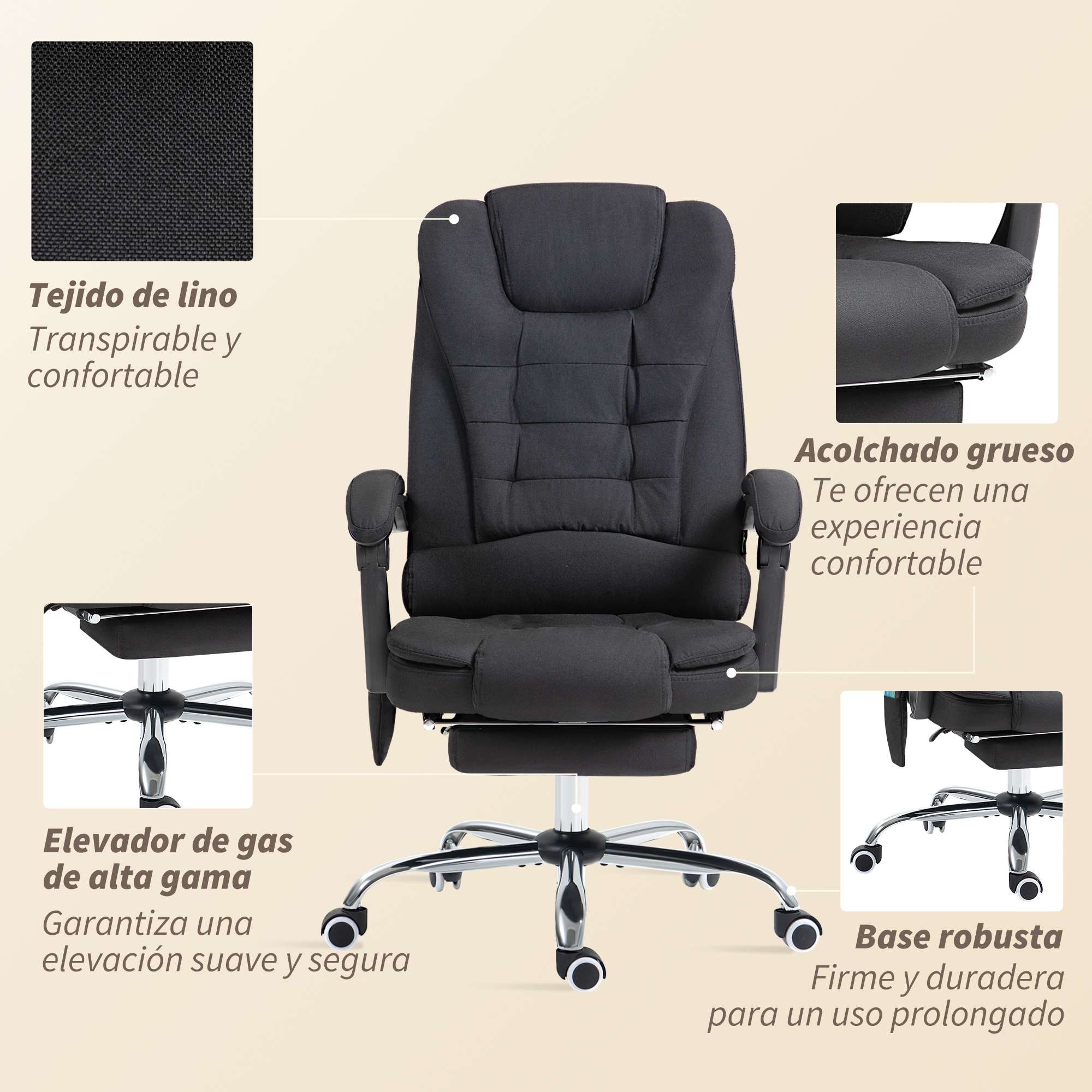 Silla de oficina negra con reposacabezas, reposabrazos y reposapiés extraíble.