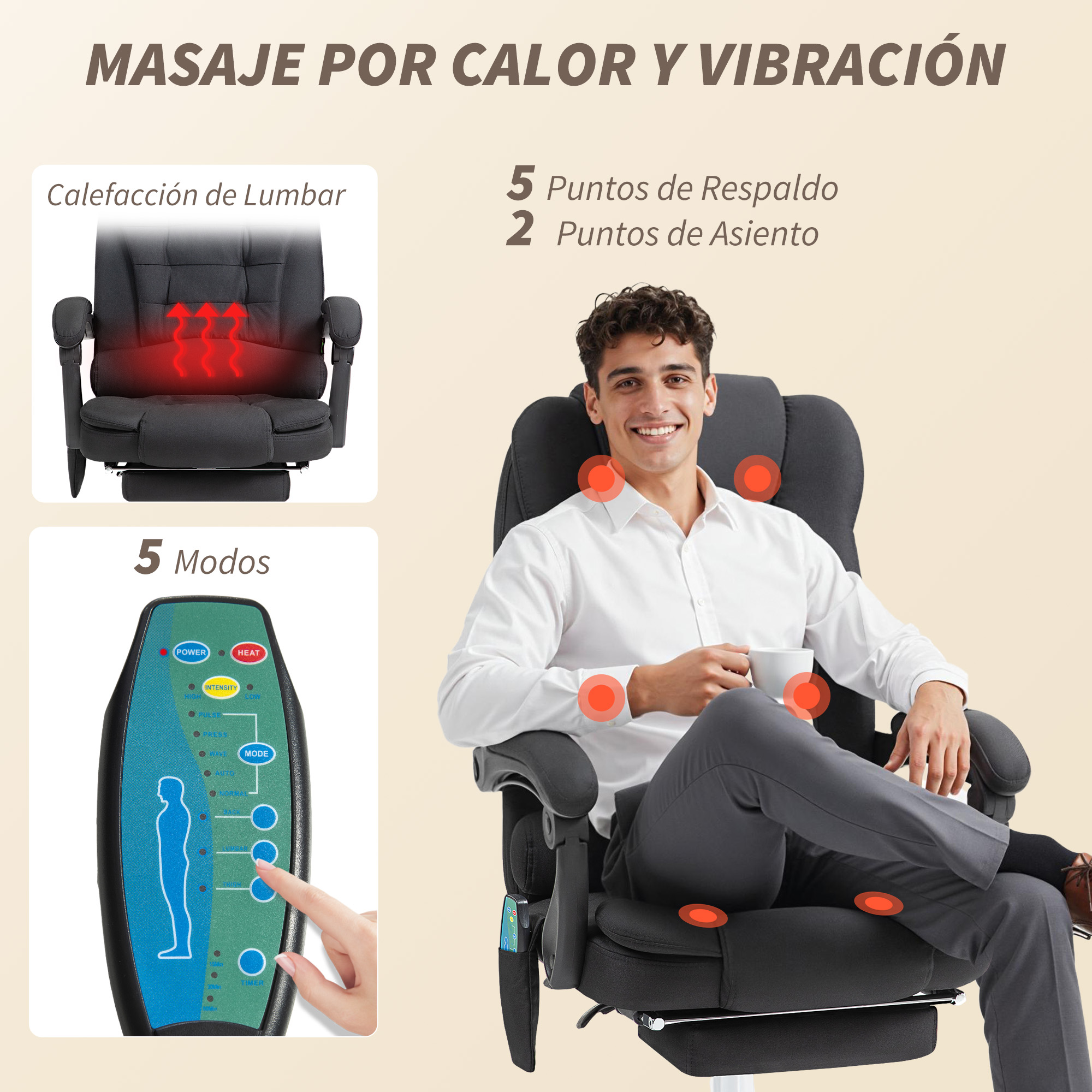 Hombre sentado en silla de masajes con calor y vibración, control remoto al lado.