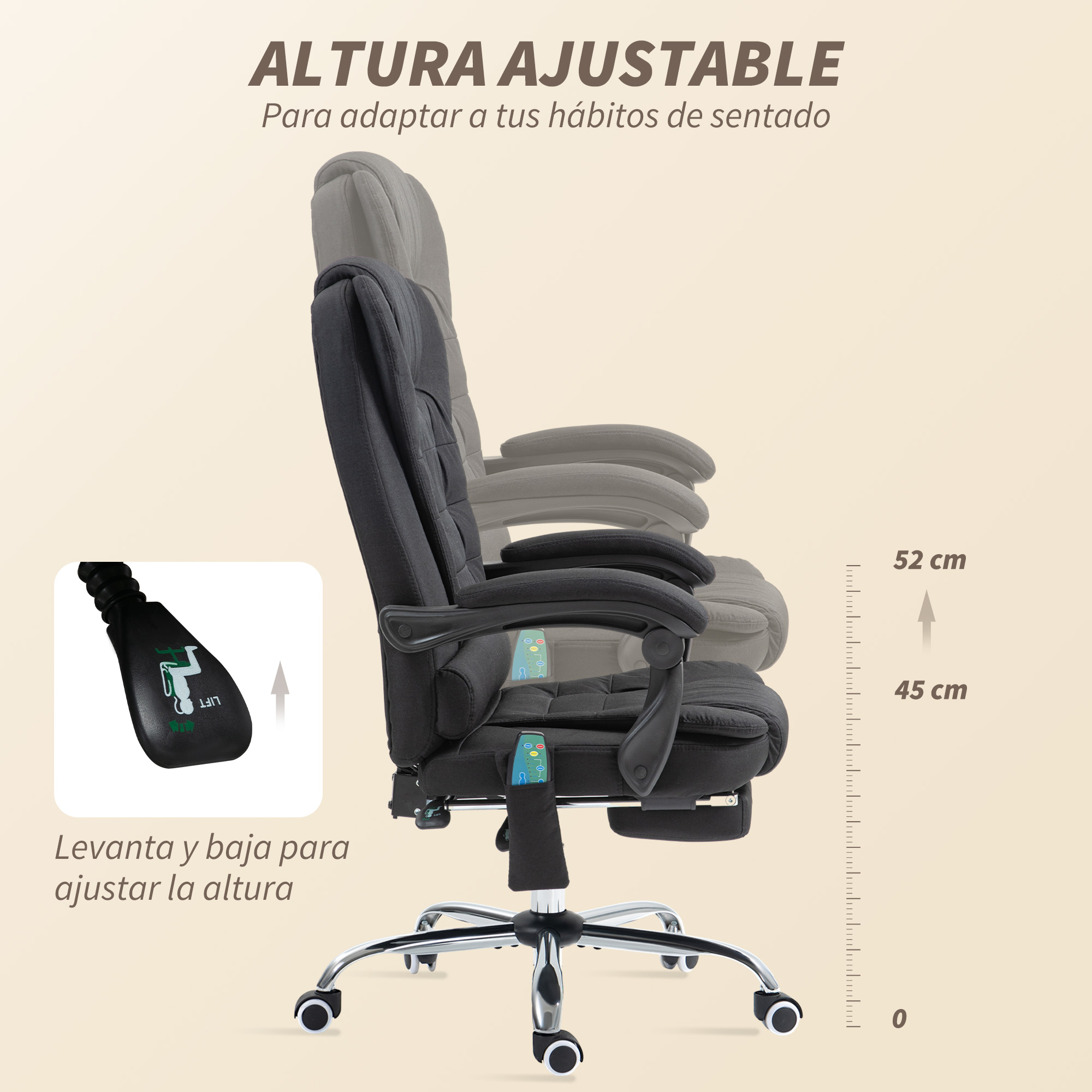 Una silla de oficina negra con altura ajustable y una escala de medición.