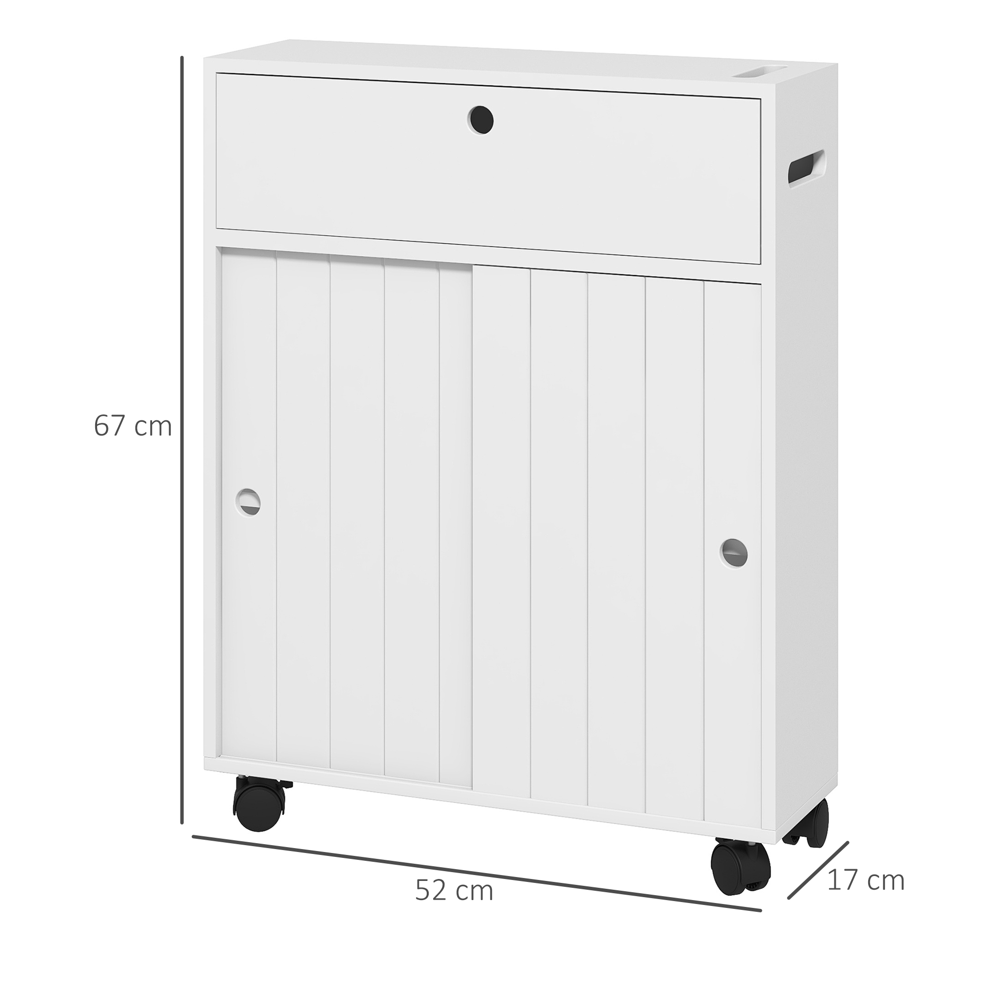 Armario blanco con puertas correderas, cajón y ruedas. Dimensiones: 67x52x17cm.