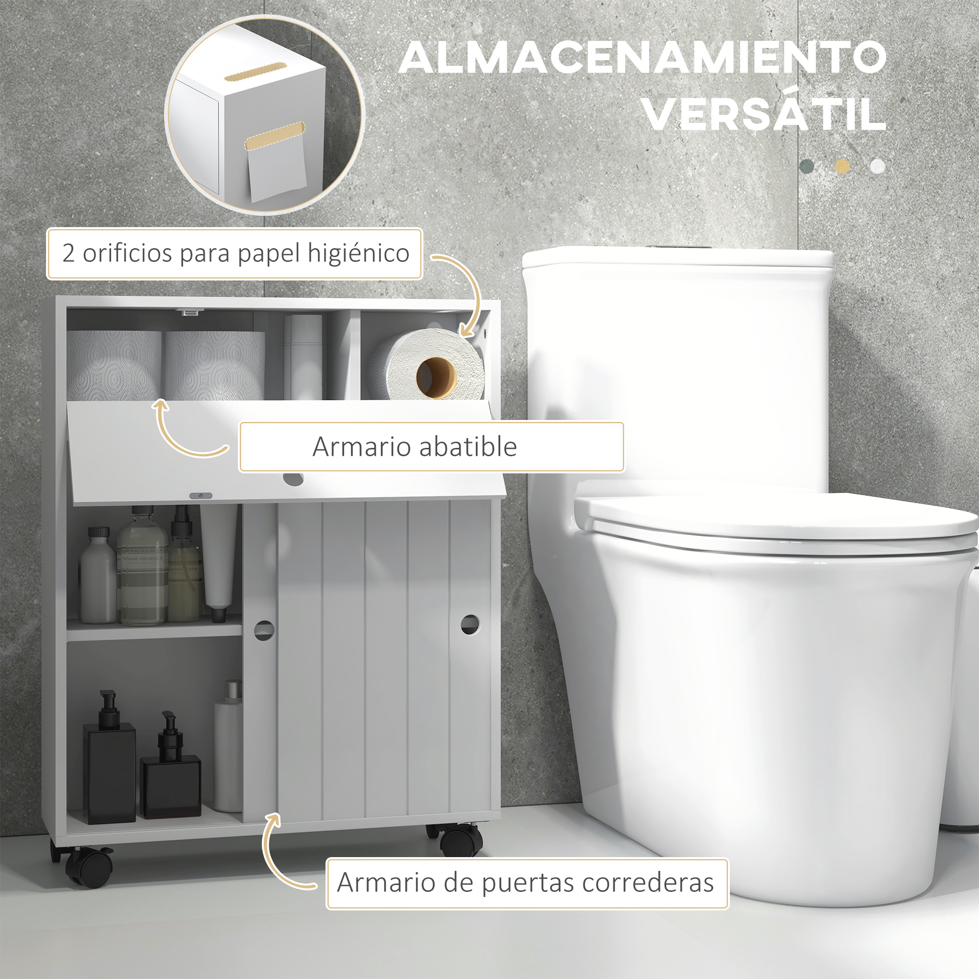 Un mueble blanco junto a un inodoro, con puerta corredera y estantes abiertos.
