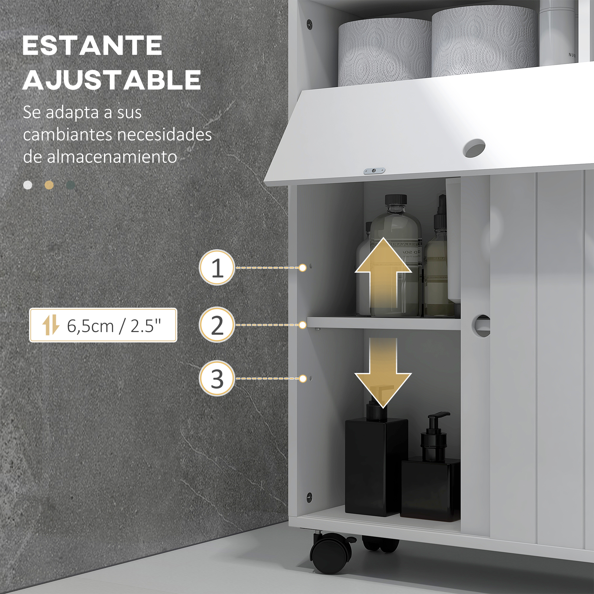 Armario ajustable con ruedas, botellas y rollos de papel higiénico.