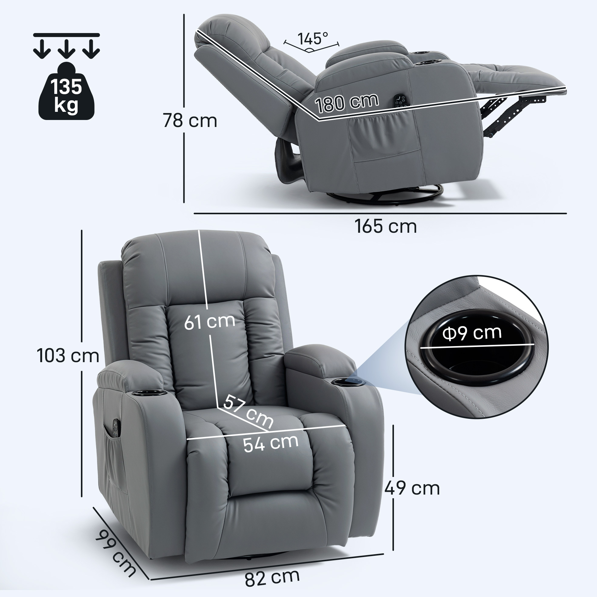 Sillón reclinable de cuero sintético gris con dimensiones y peso (135 kg).