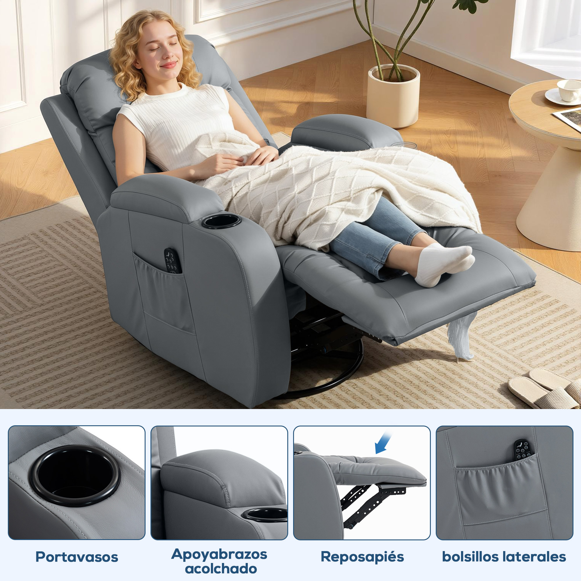 Una mujer se relaja en un sillón reclinable gris con manta y portavasos.