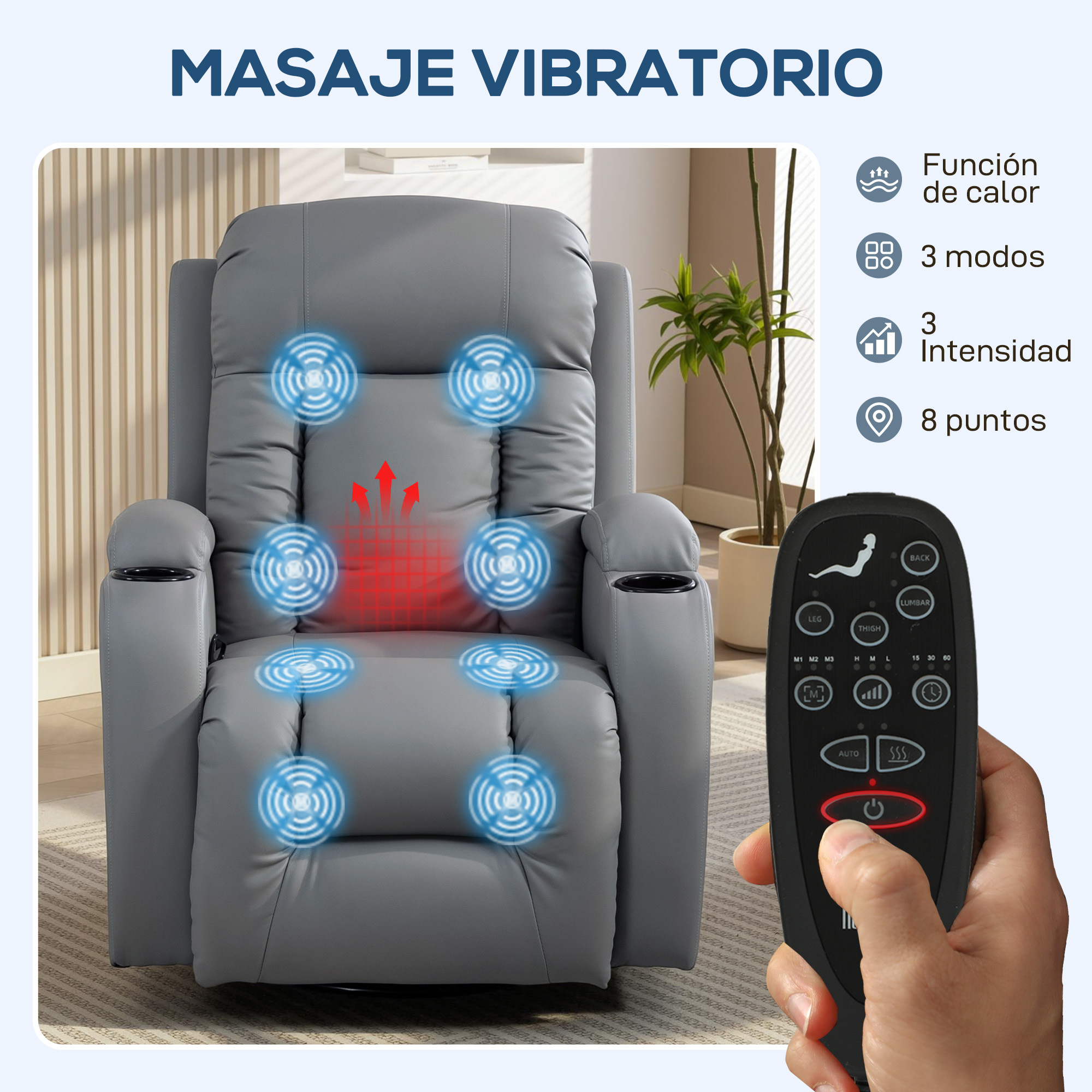 Sillón de masaje gris con mando, calor, 3 modos, 3 intensidades.