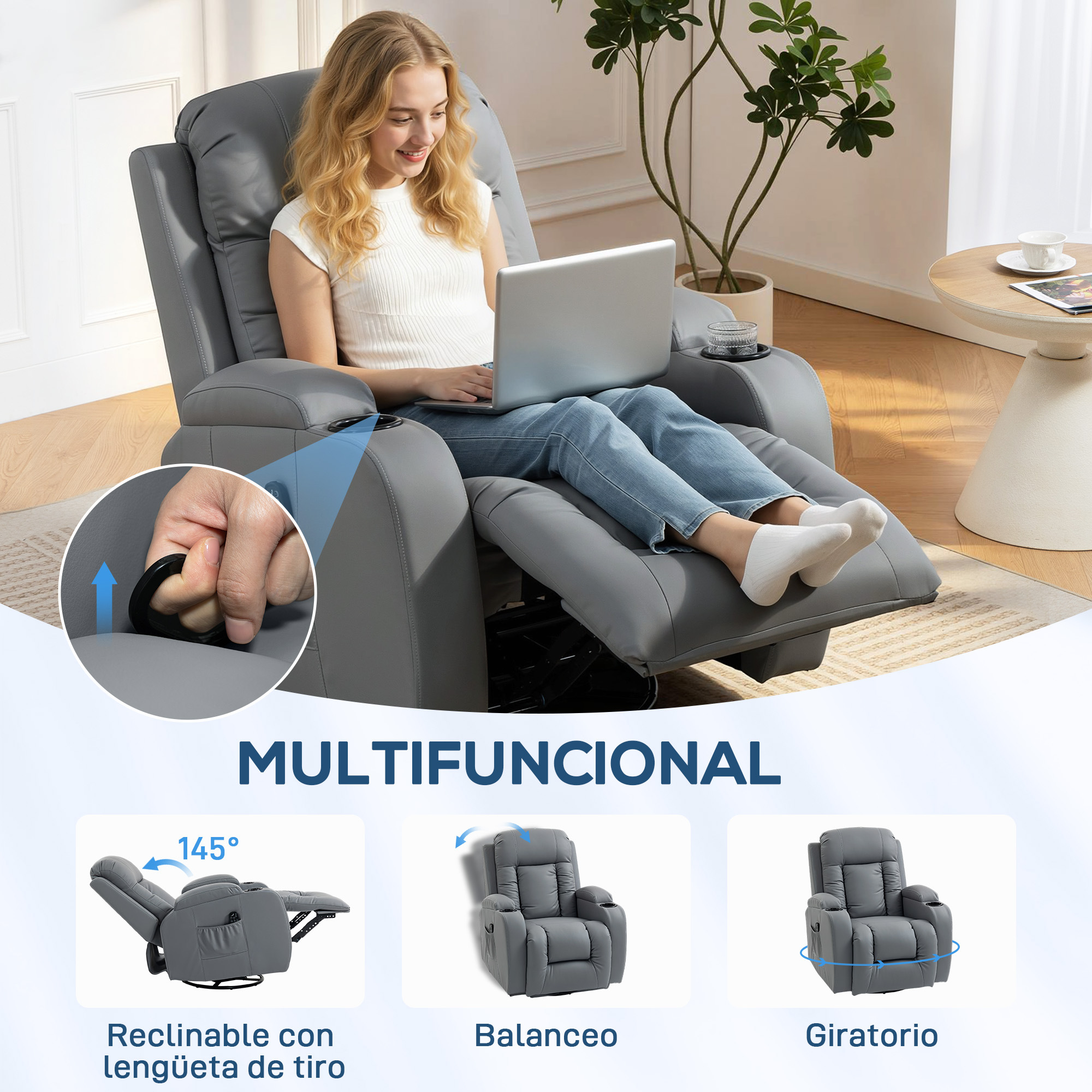 Mujer en sillón gris con laptop. Imágenes muestran funciones: reclinable, balanceo.