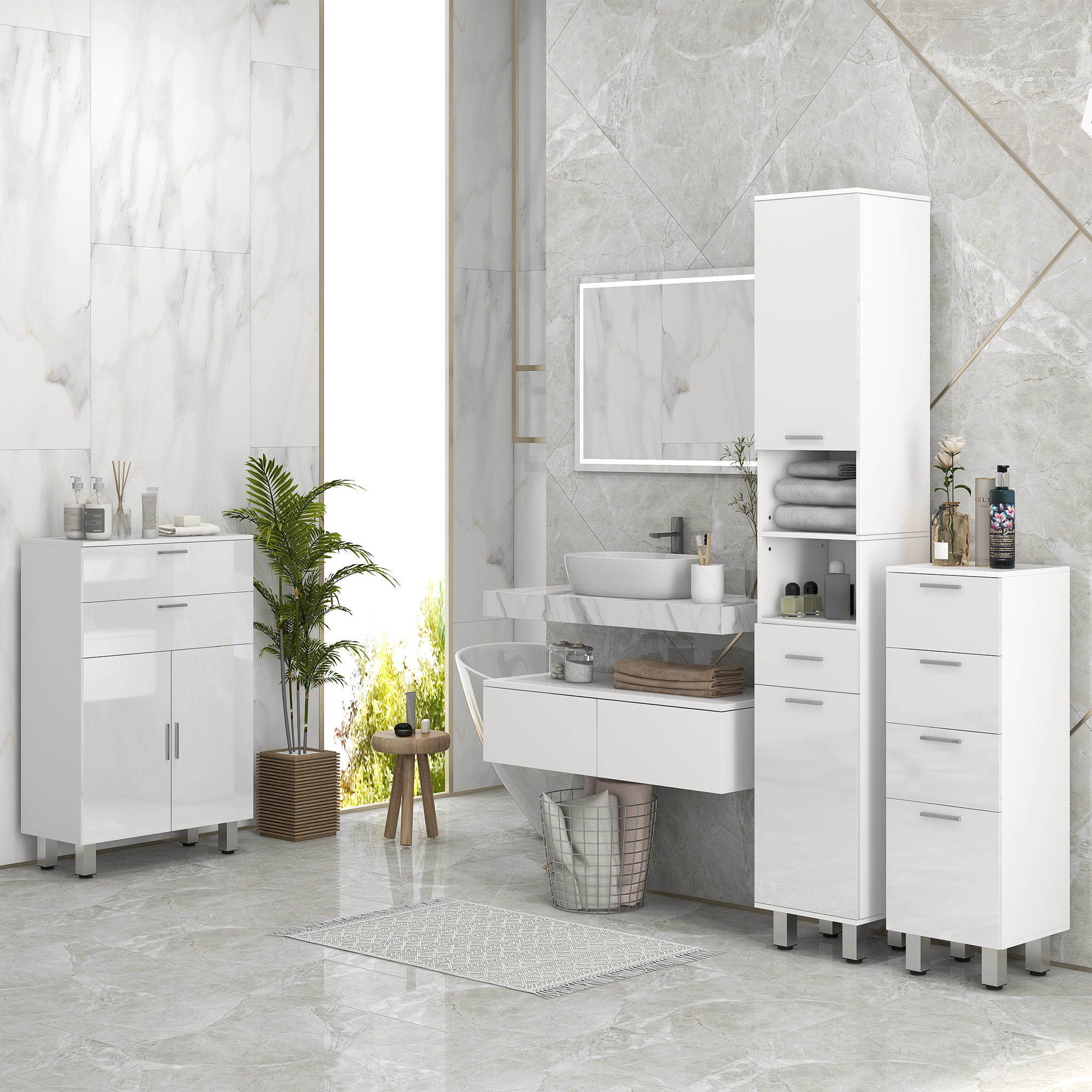 Moderno baño blanco con azulejos de mármol, lavabo y armarios de almacenaje.