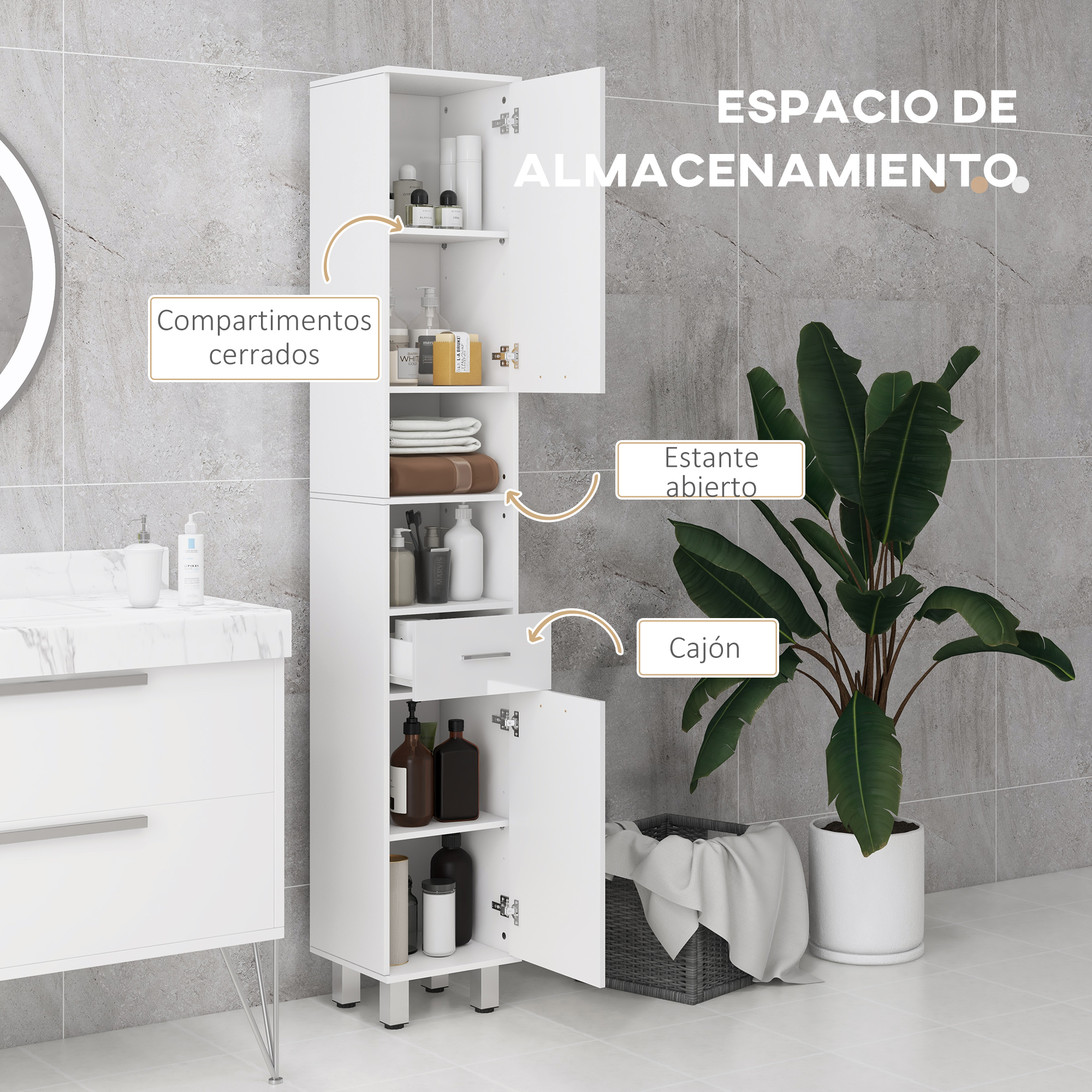 Un alto mueble de baño blanco con estantes abiertos y cerrados, lleno de botellas y toallas.