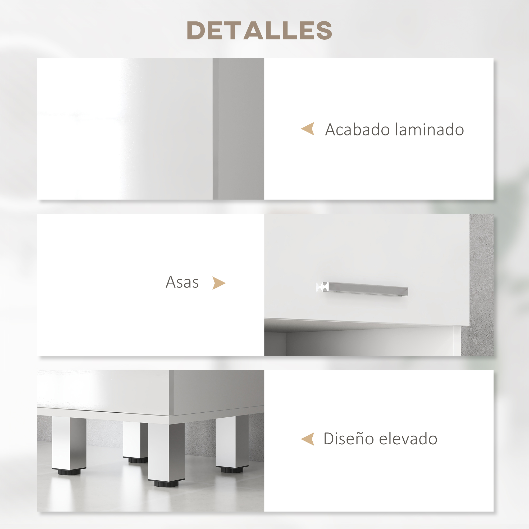 Detalles: acabado laminado, tiradores, patas elevadas.