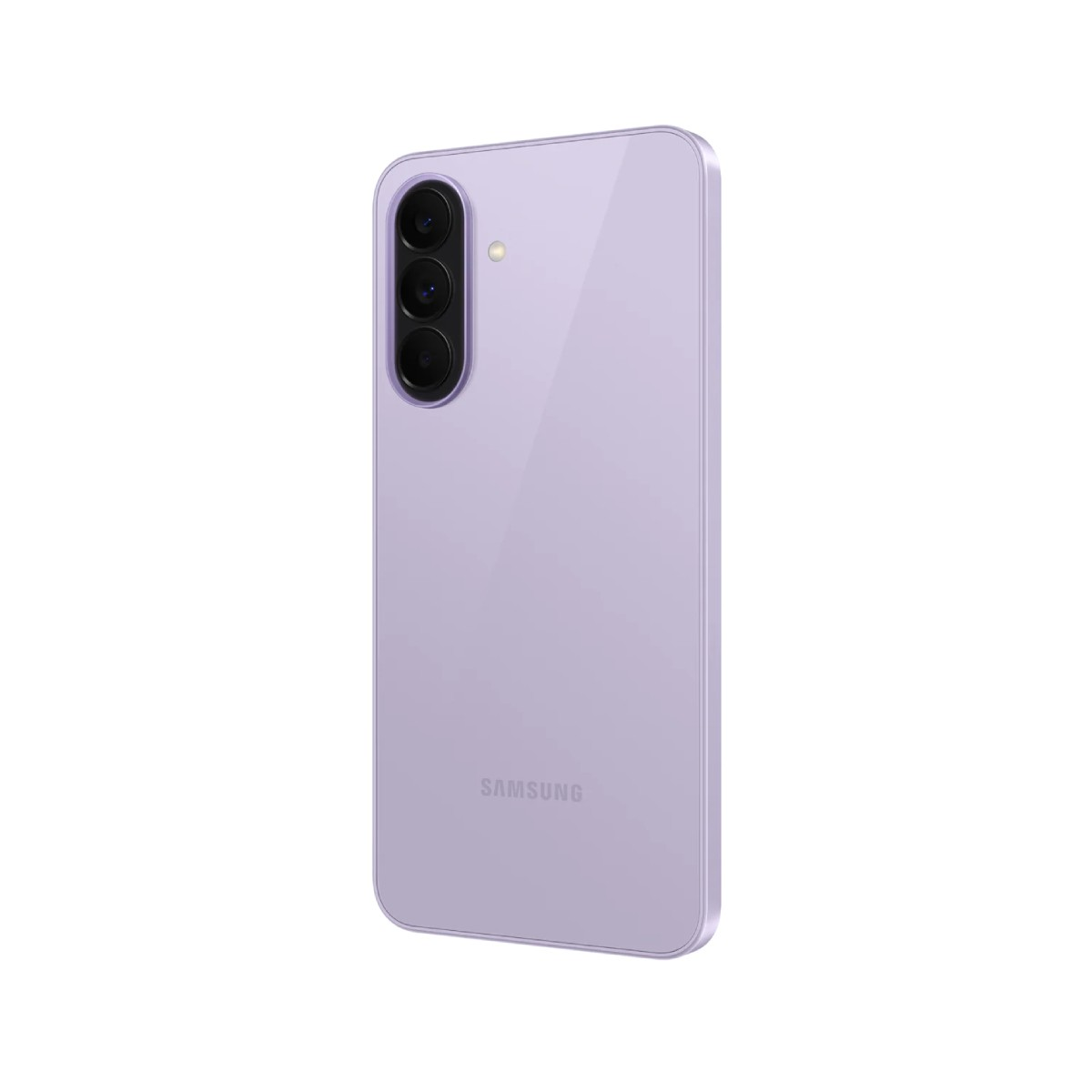 Fioletowy smartfon Samsung z trzema tylnymi aparatami, białe tło.