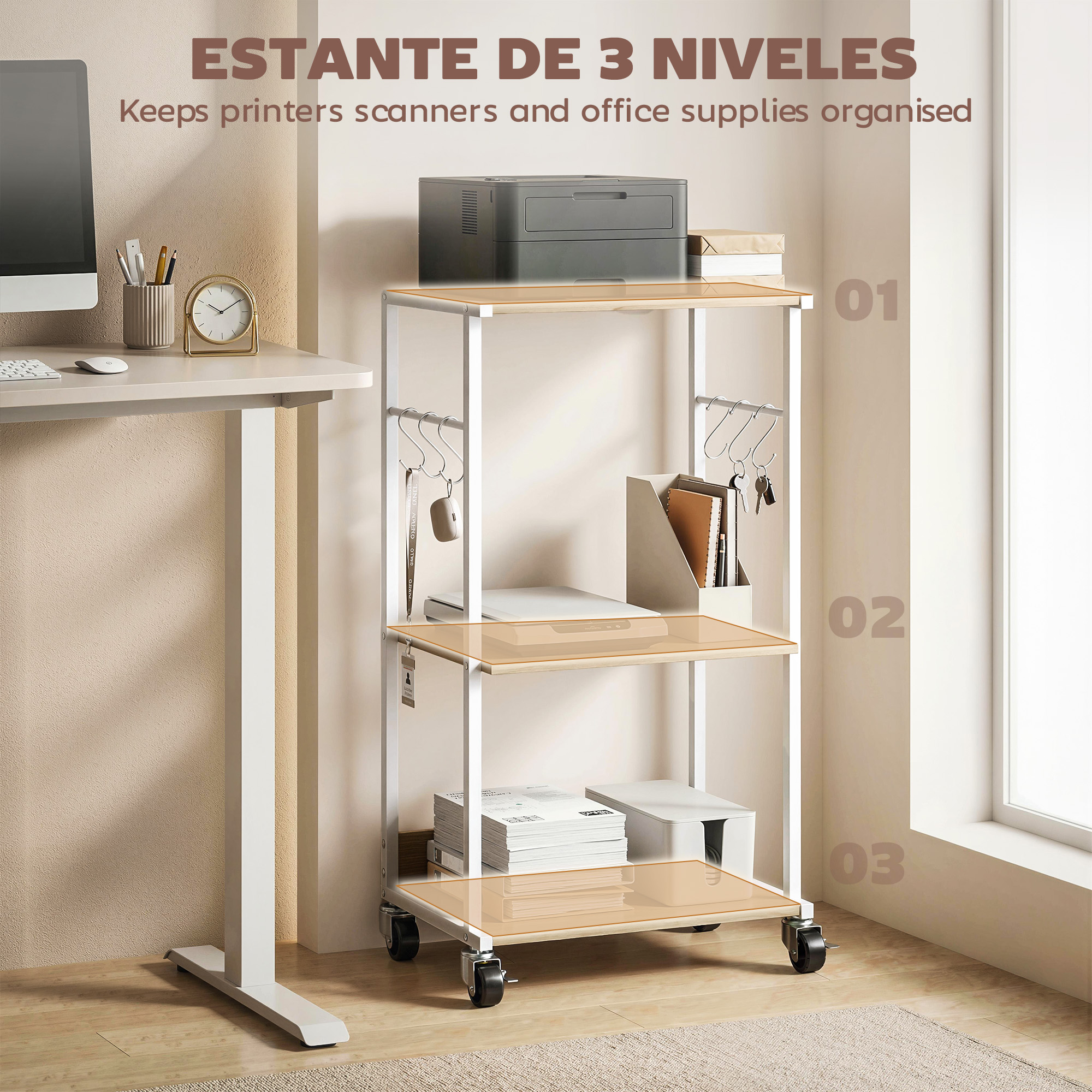 Un organizador de 3 niveles con impresora, escáner, material de oficina y ganchos.